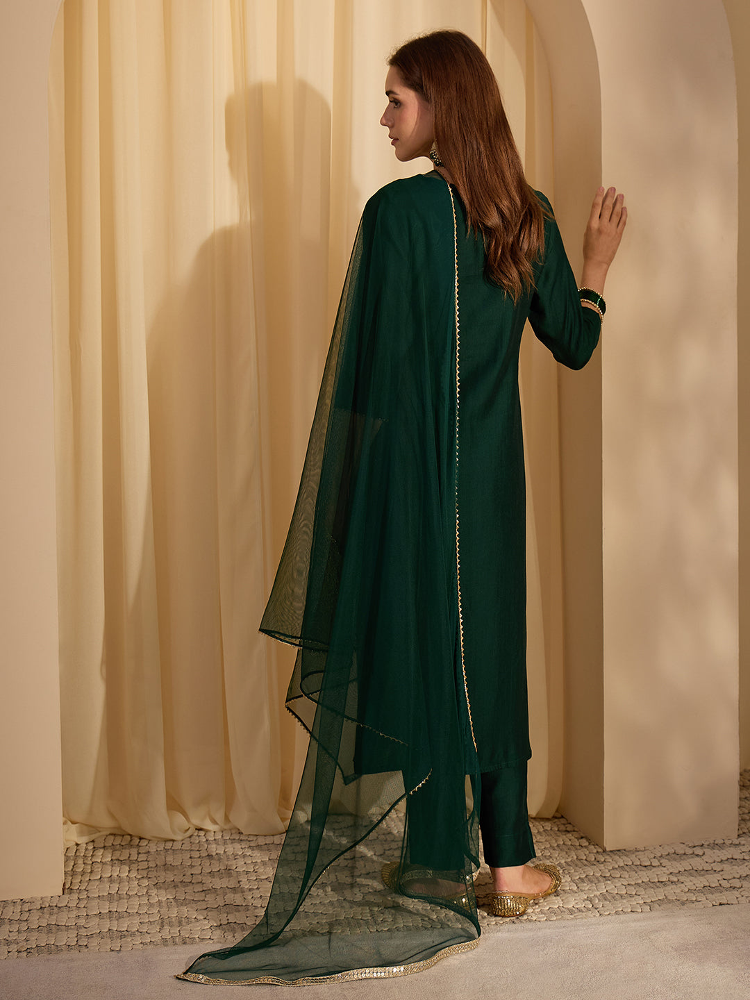 Janasya Women's Bottle Green Silk Blend Embellished Yoke Design Straight Kurta Set
