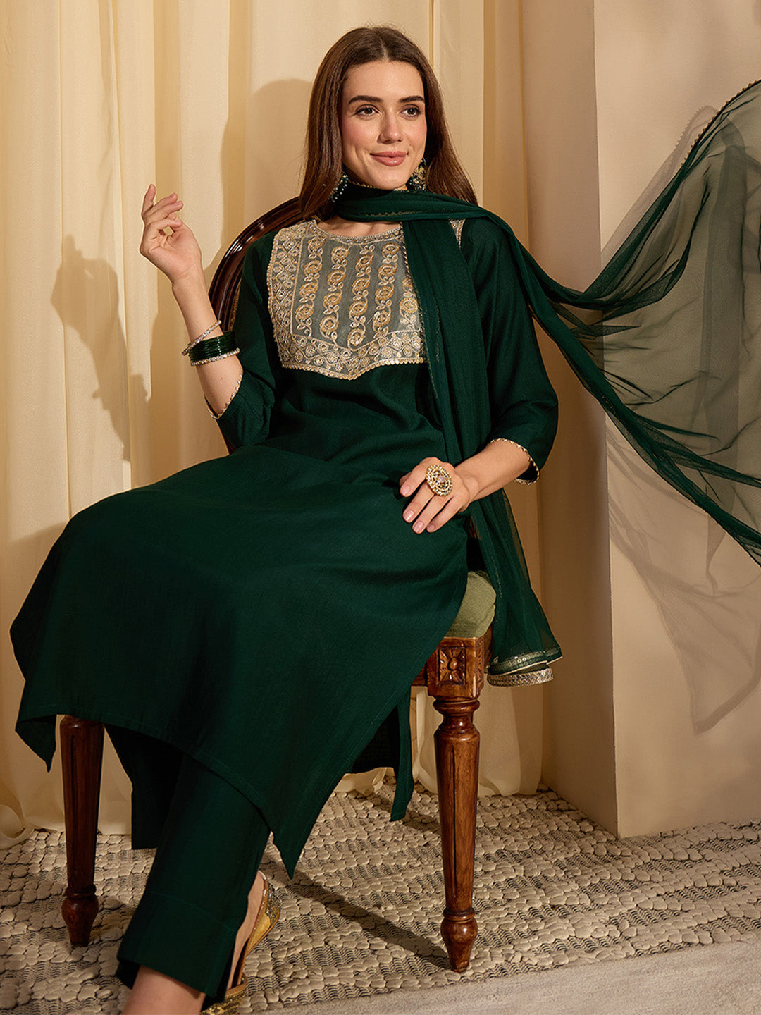 Janasya Women's Bottle Green Silk Blend Embellished Yoke Design Straight Kurta Set