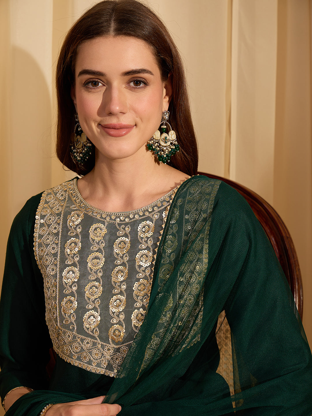 Janasya Women's Bottle Green Silk Blend Embellished Yoke Design Straight Kurta Set