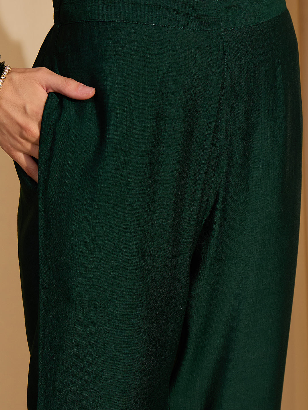 Janasya Women's Bottle Green Silk Blend Embellished Yoke Design Straight Kurta Set