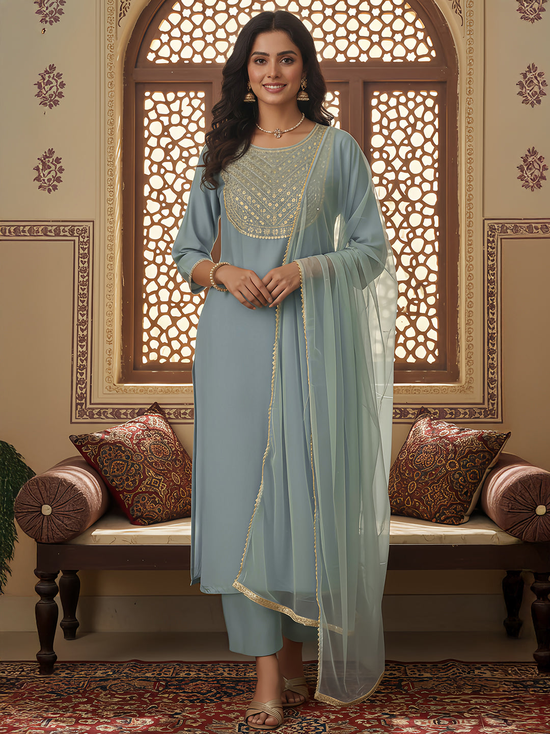 Janasya Women's Powder Blue Silk Blend Embellished Straight Kurta Set