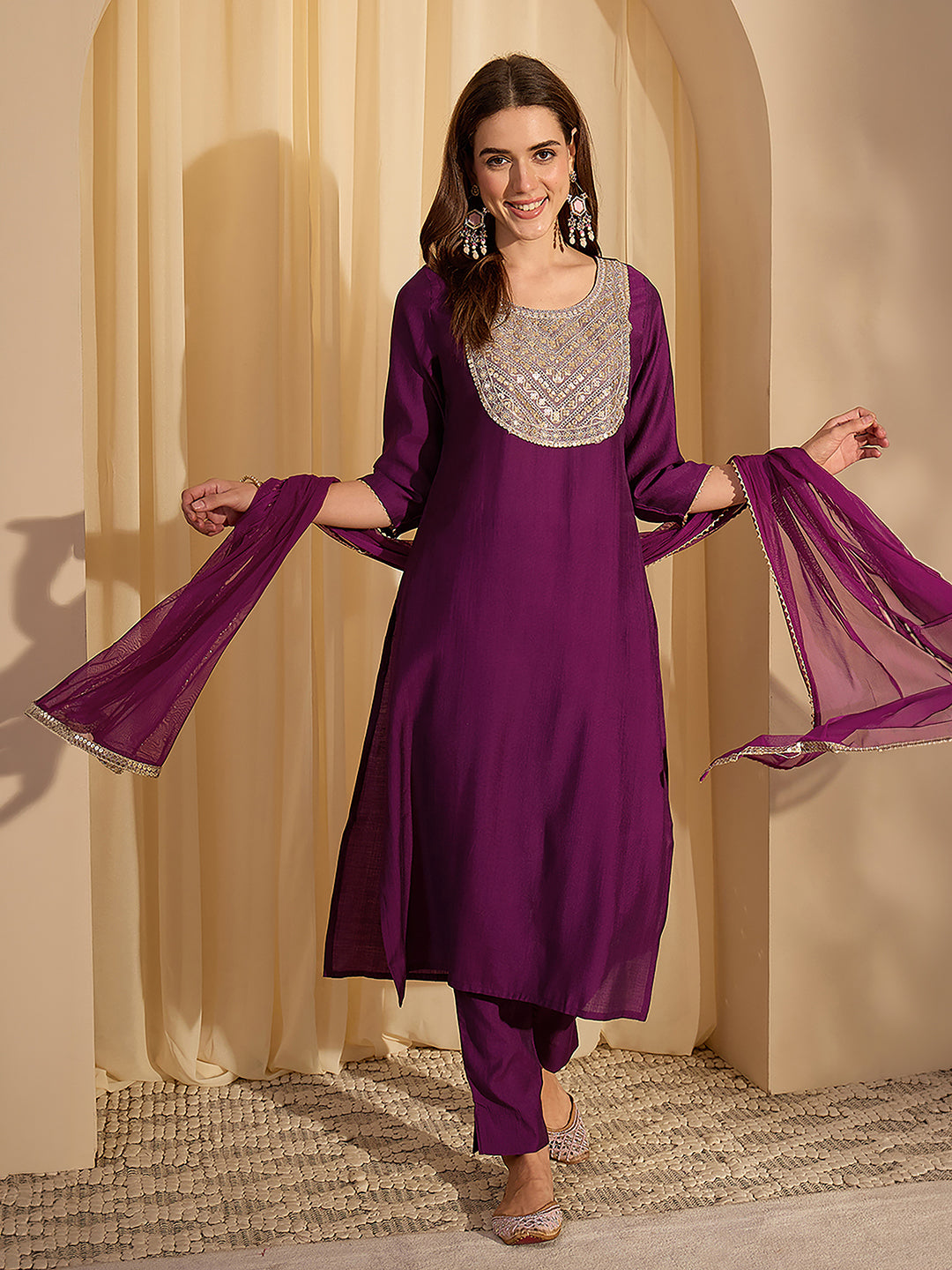 Janasya Women's Purple Silk Blend Zari Yoke Embroidererd Straight Kurta Set