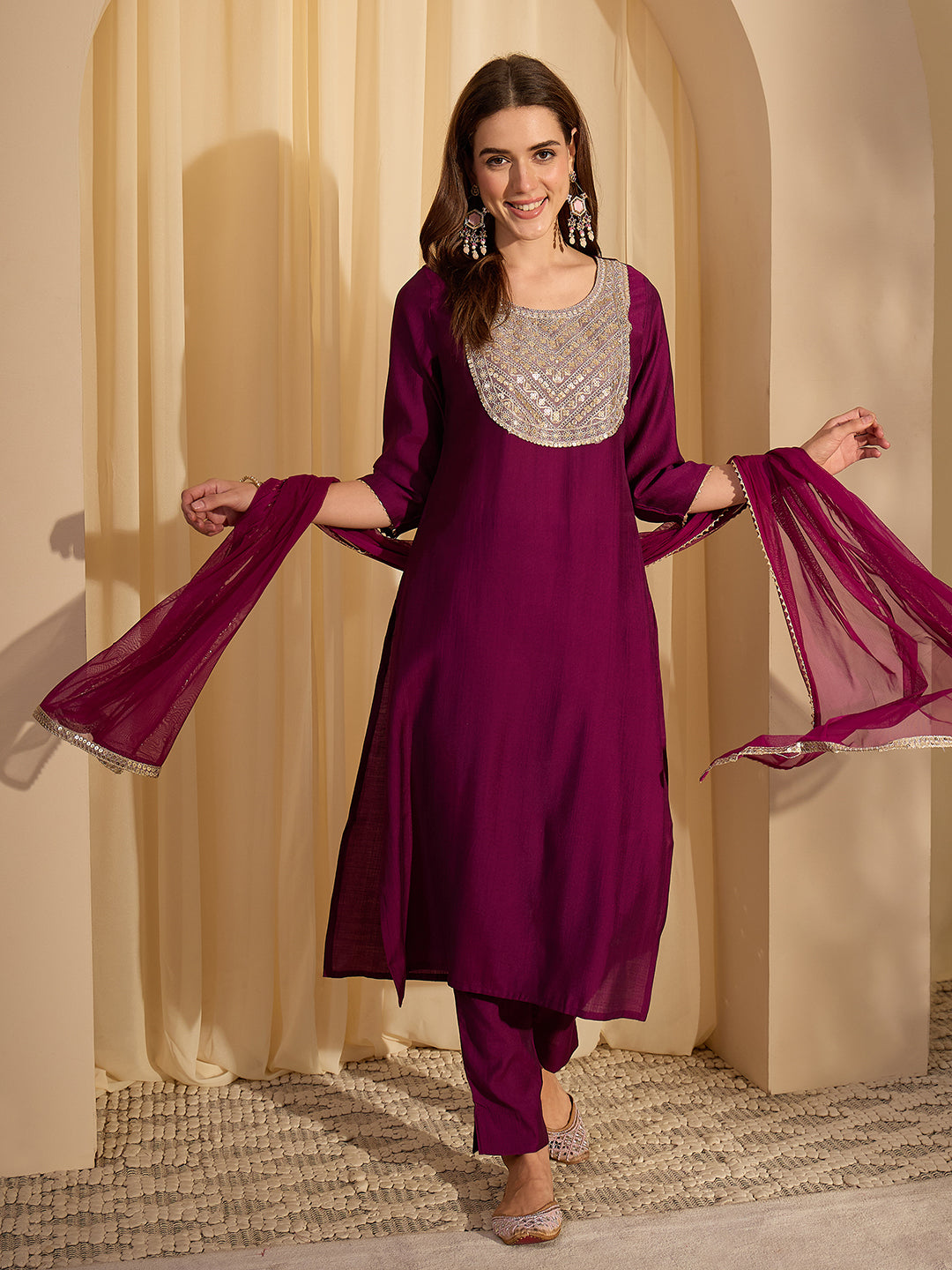 Janasya Women's Purple Silk Blend Zari Yoke Embroidererd Straight Kurta Set