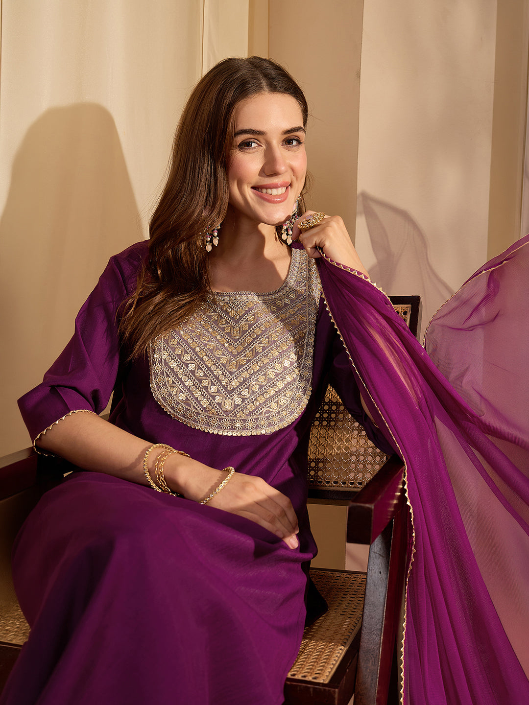Janasya Women's Purple Silk Blend Zari Yoke Embroidererd Straight Kurta Set