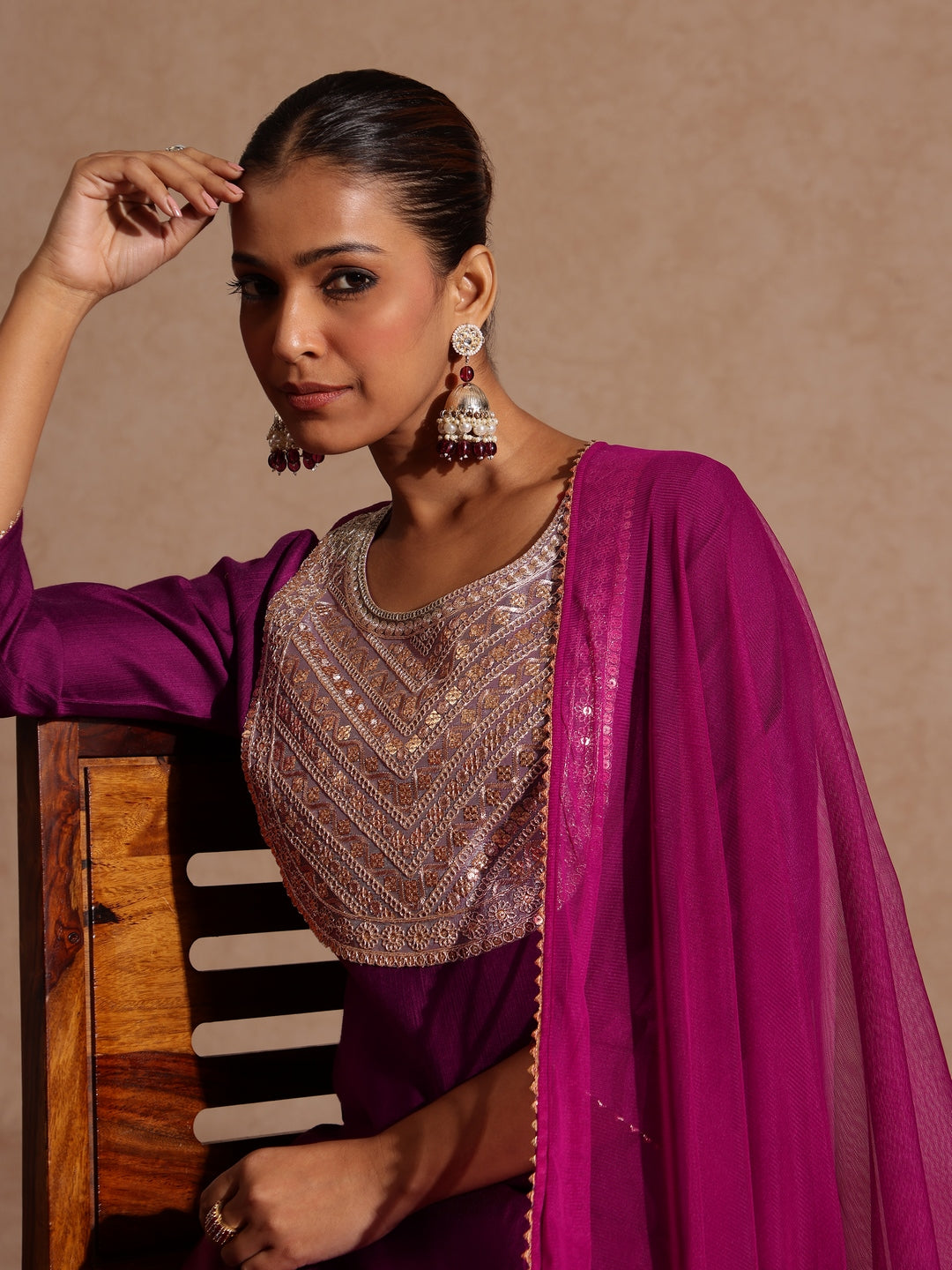 Janasya Women's Purple Silk Blend Zari Yoke Embroidery Straight Kurta Set