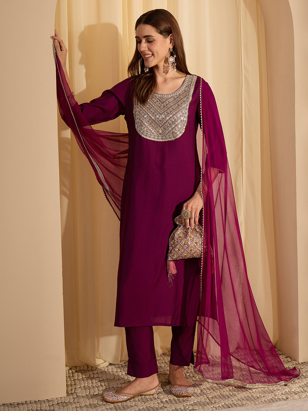 Janasya Women's Purple Silk Blend Zari Yoke Embroidererd Straight Kurta Set