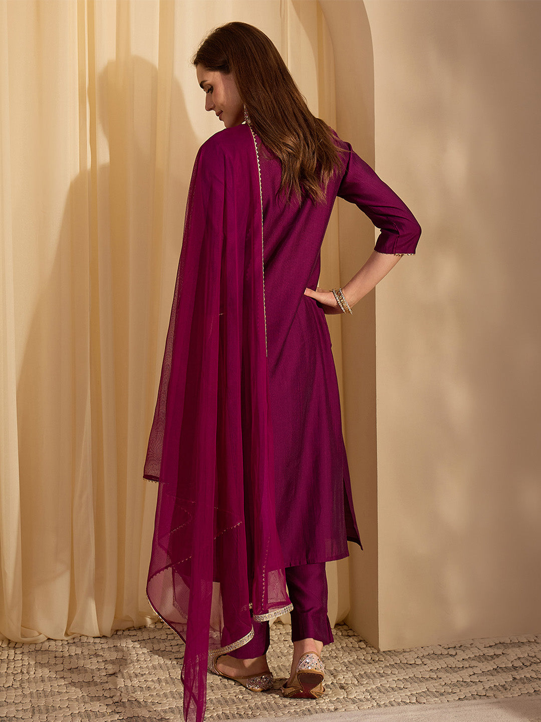 Janasya Women's Purple Silk Blend Zari Yoke Embroidererd Straight Kurta Set