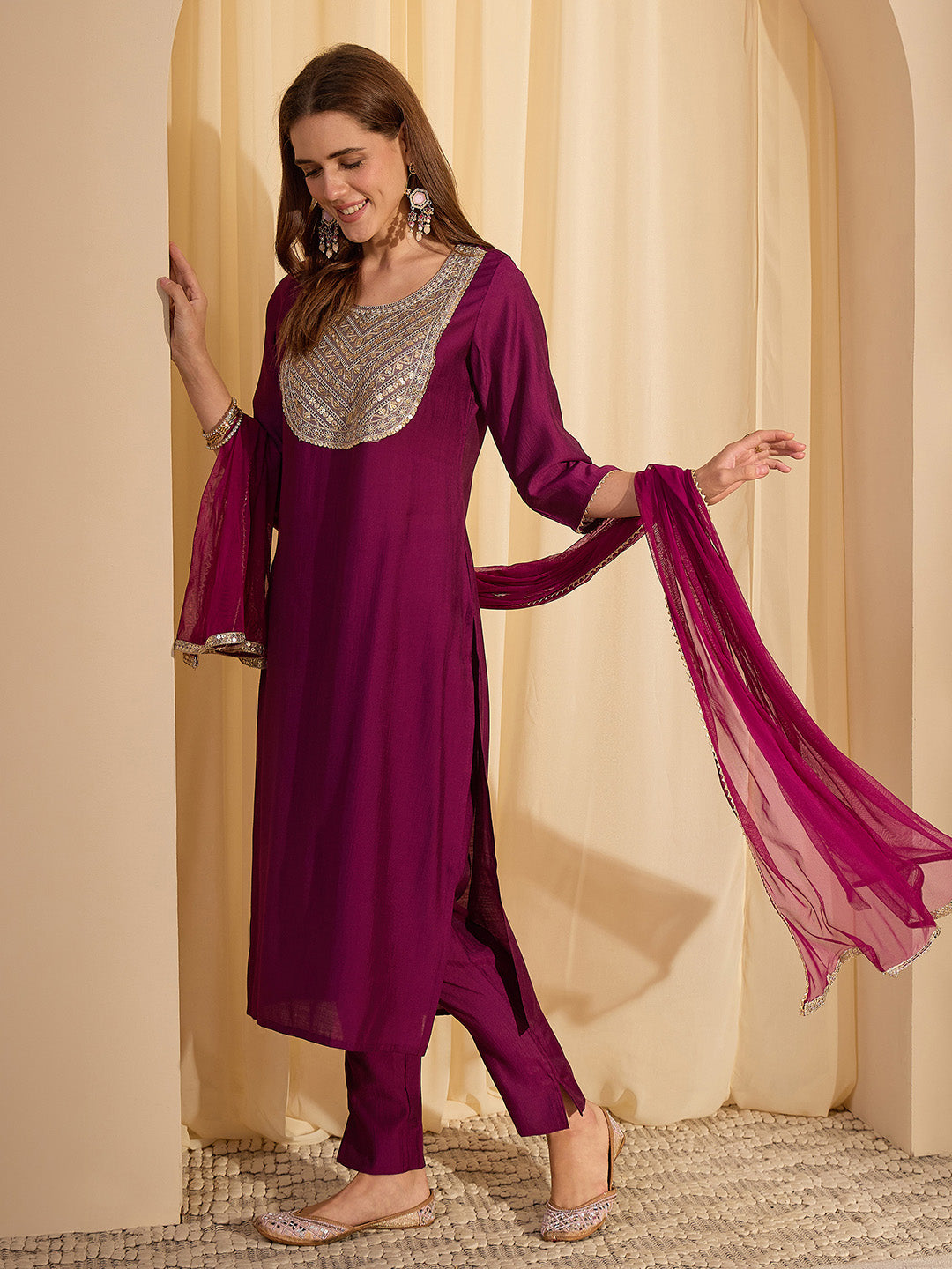Janasya Women's Purple Silk Blend Zari Yoke Embroidererd Straight Kurta Set