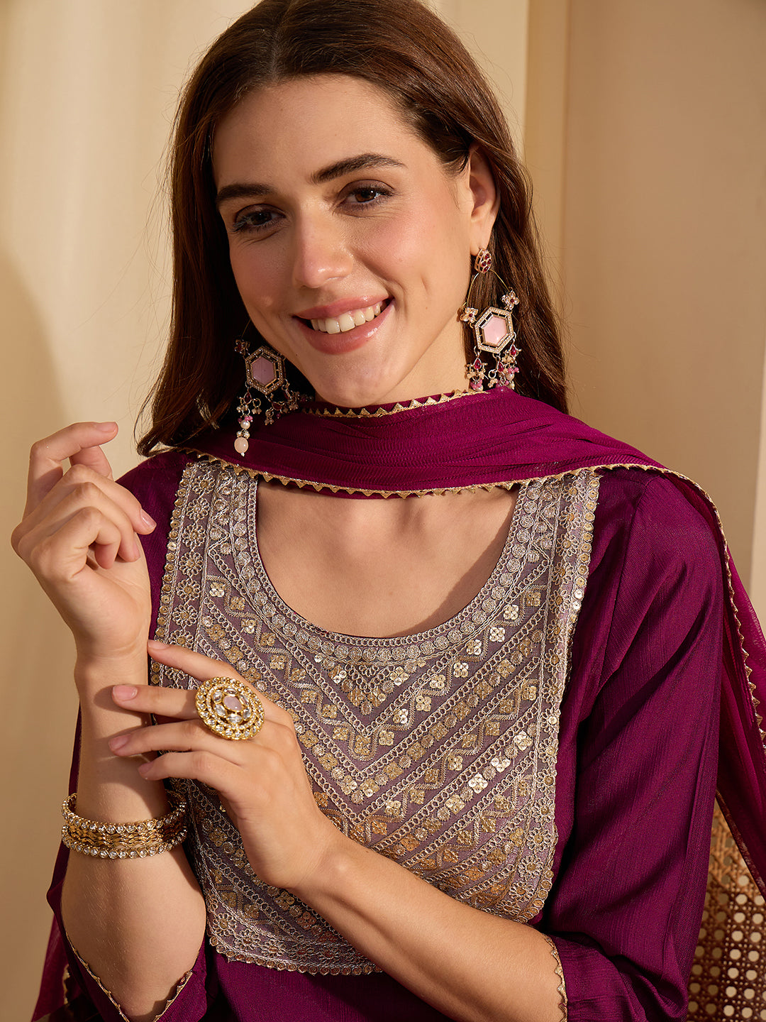 Janasya Women's Purple Silk Blend Zari Yoke Embroidererd Straight Kurta Set
