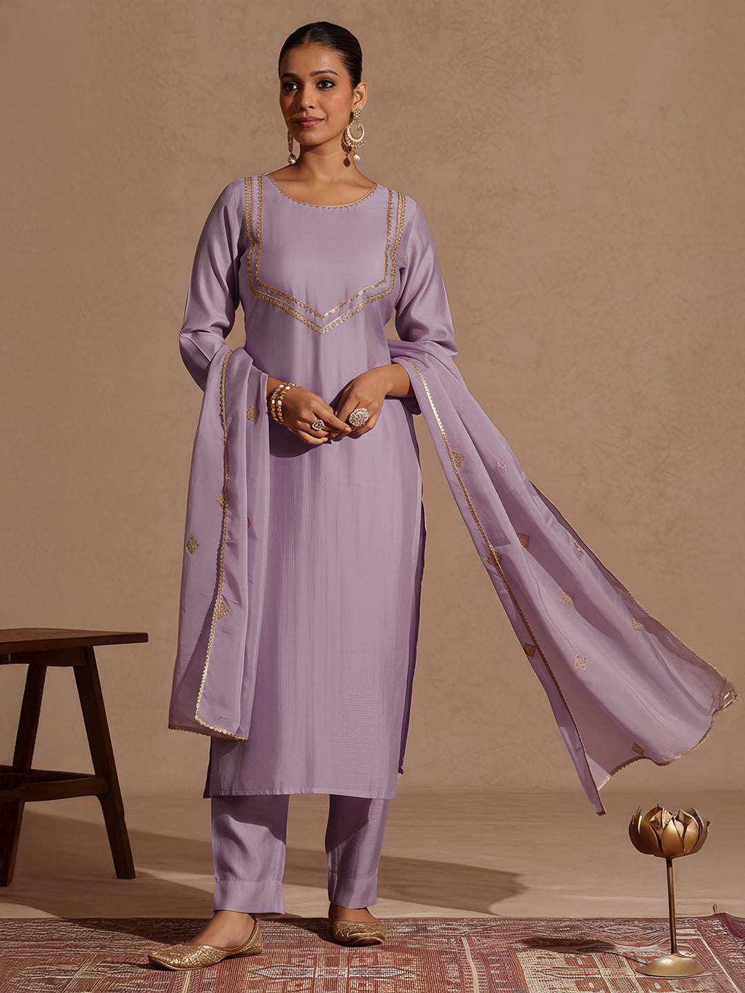 Janasya Women's Lavender Silk Blend Zari Yoke Design Straight Kurta Set