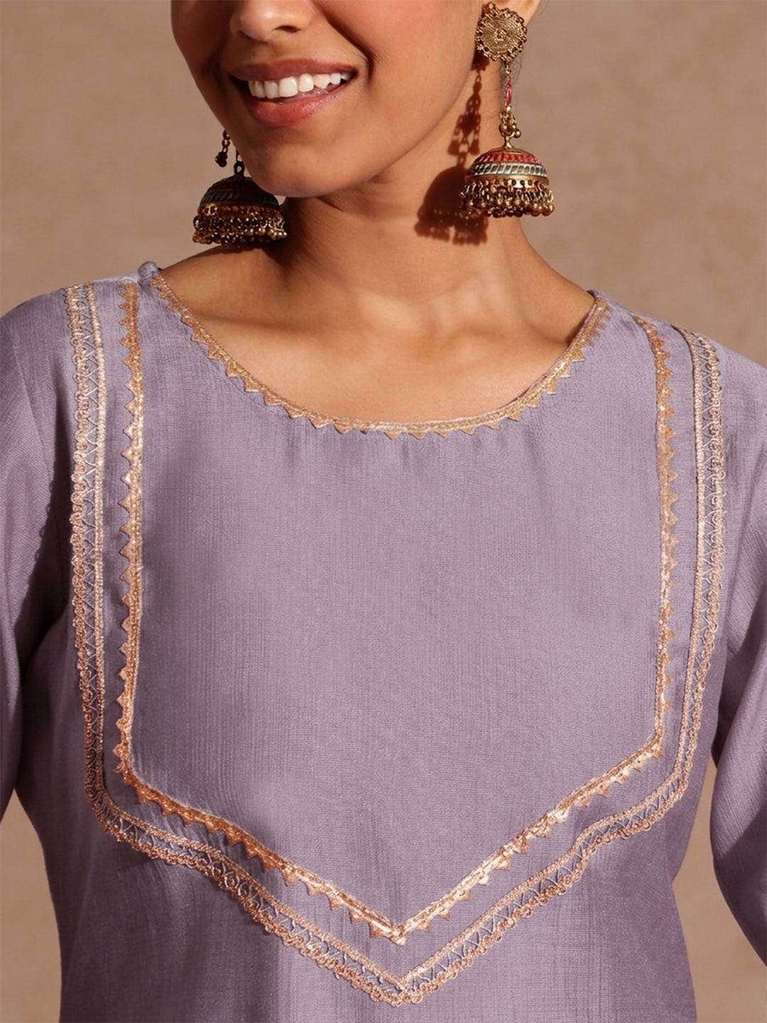 Janasya Women's Lavender Silk Blend Zari Yoke Design Straight Kurta Set