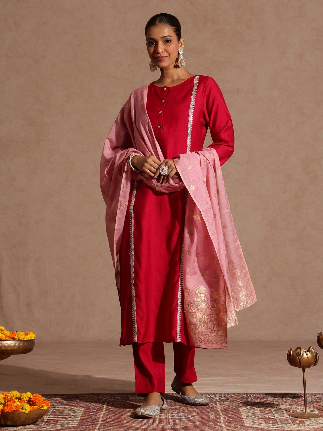 Janasya Women's Pink Silk Blend Embellished Straight Kurta Set