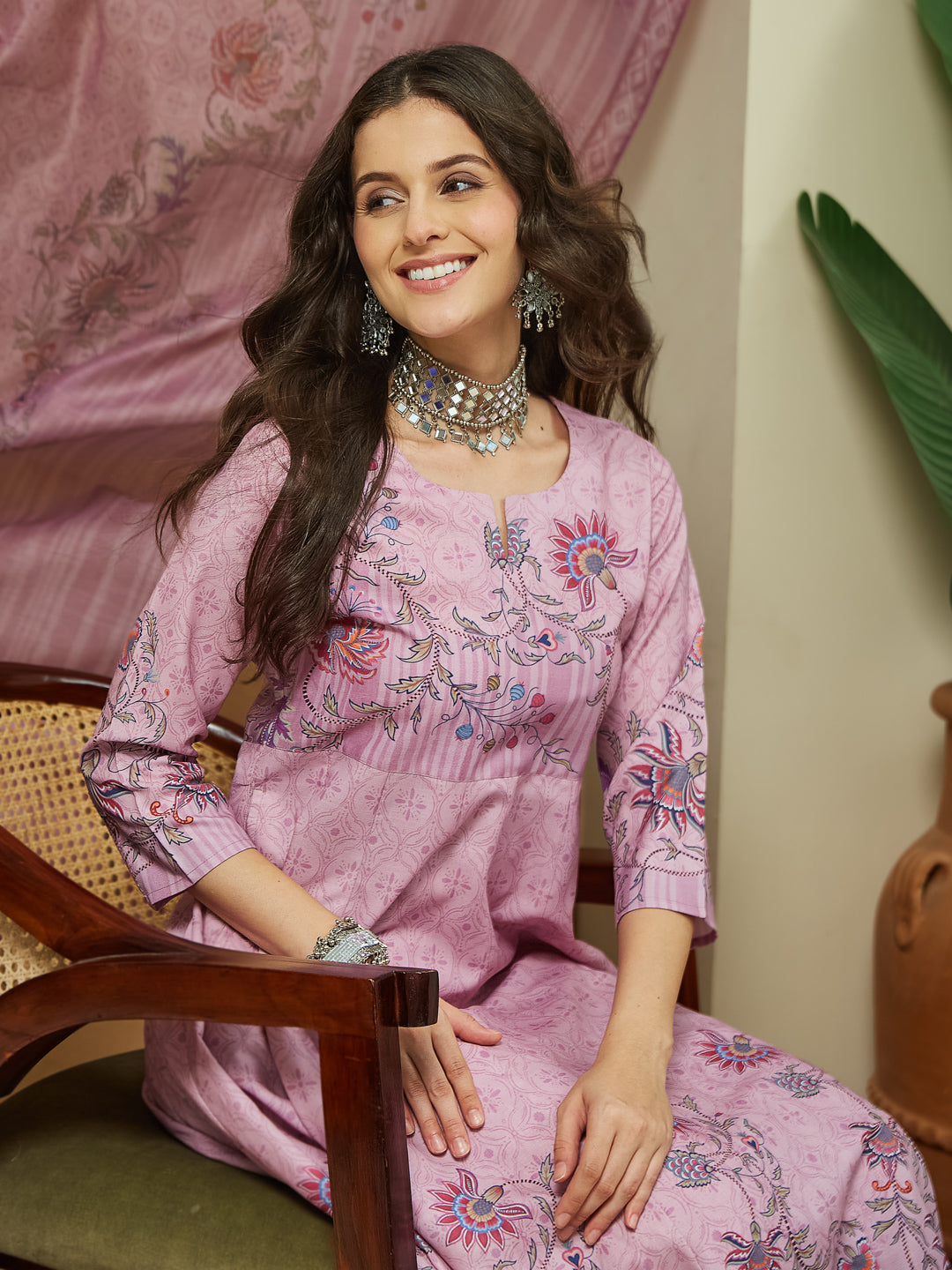 Janasya Women's Lavender Cotton Blend Floral Printed Anarkali Kurta Set