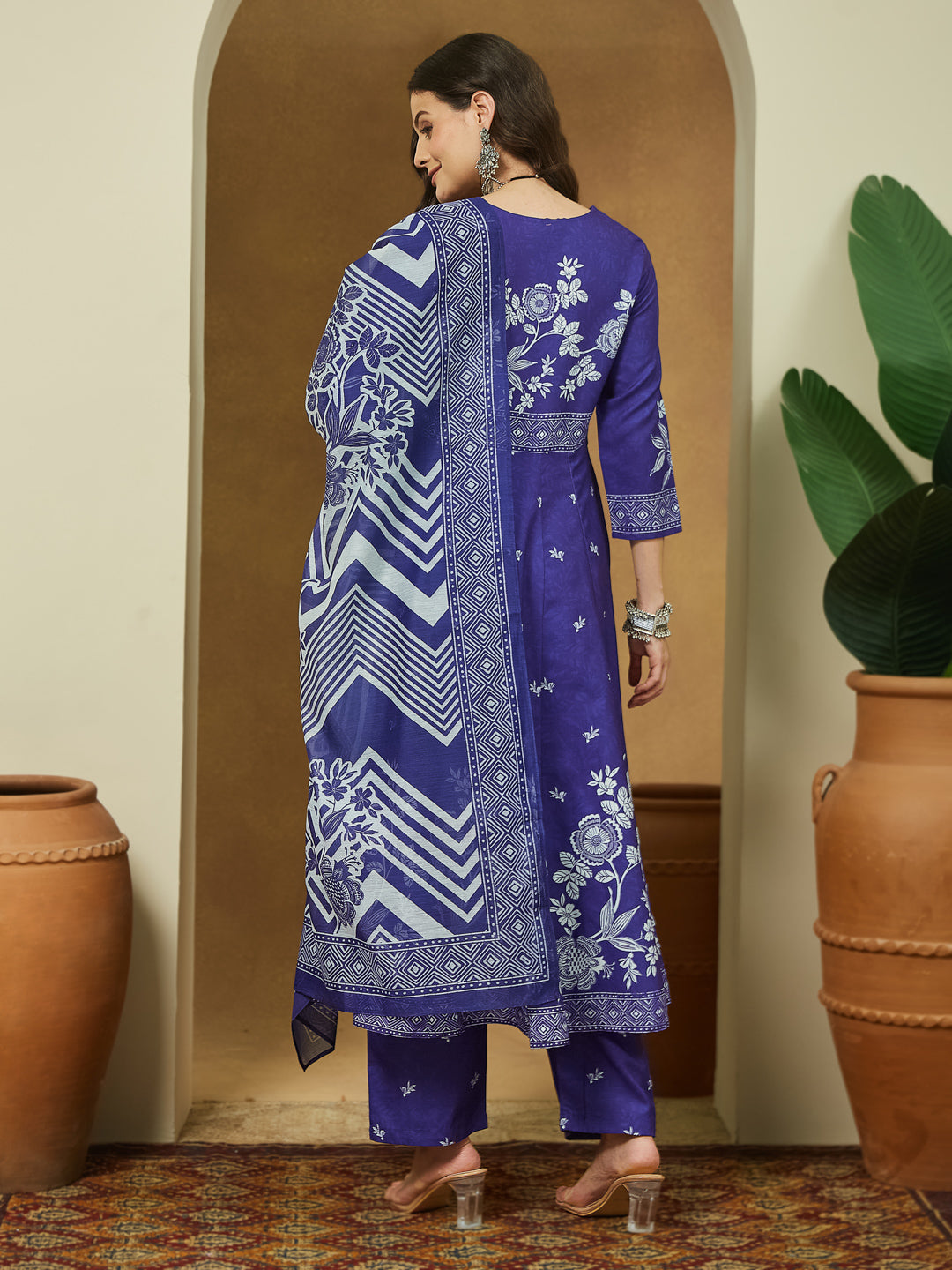 Janasya Women's Purple Cotton Blend Floral Printed Anarkali Kurta Set