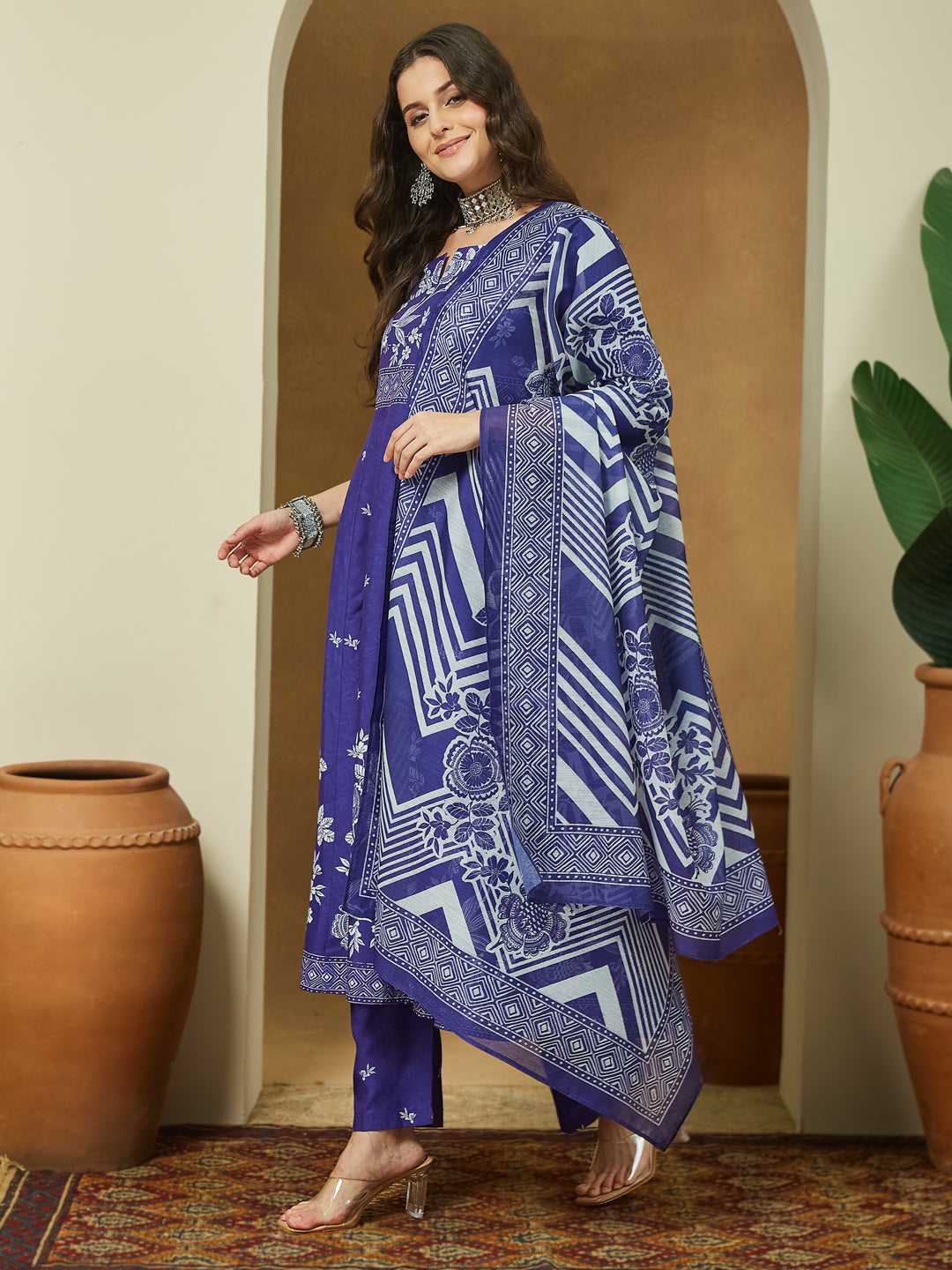 Janasya Women's Purple Cotton Blend Floral Printed Anarkali Kurta Set