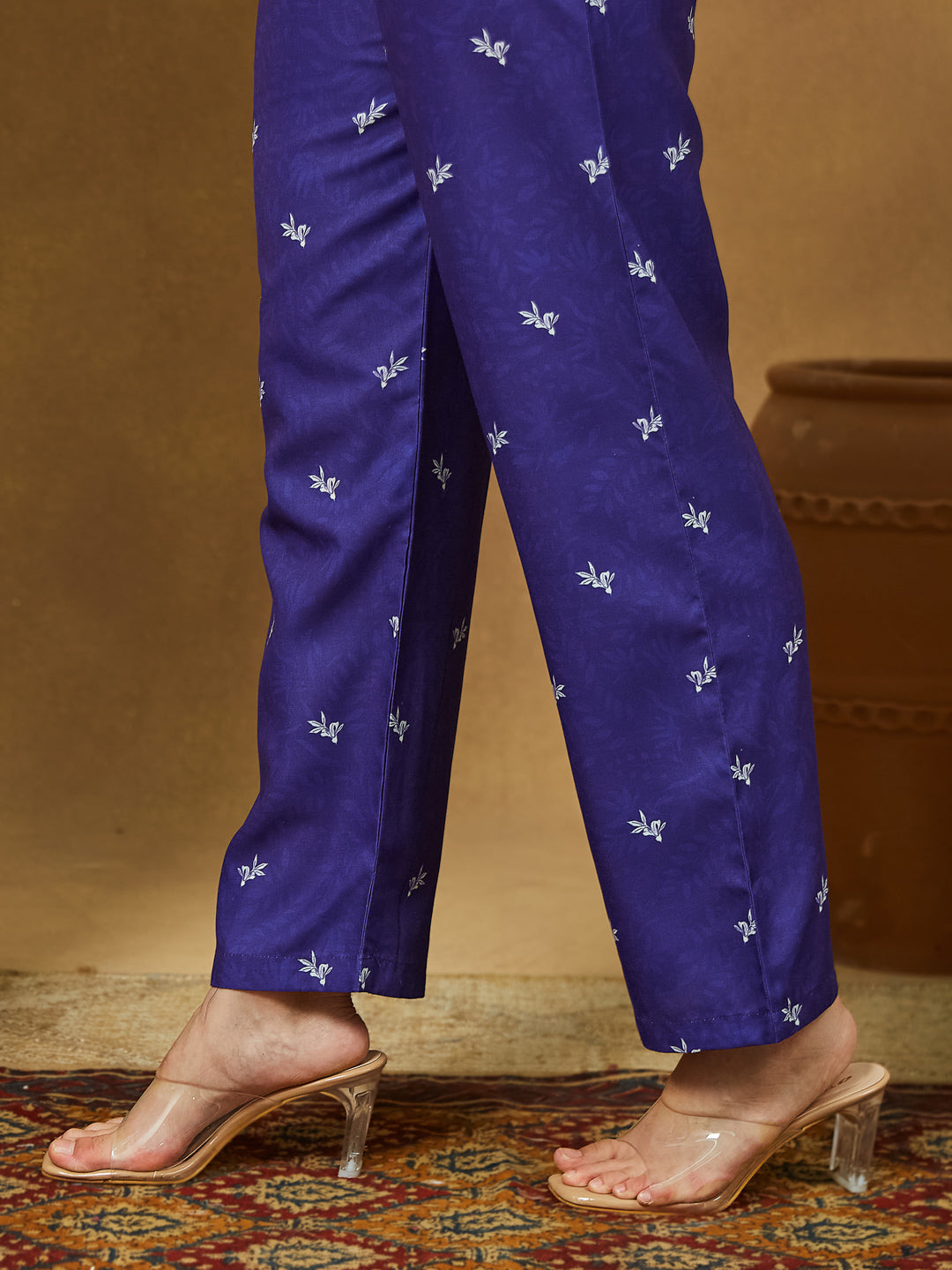 Janasya Women's Purple Cotton Blend Floral Printed Anarkali Kurta Set