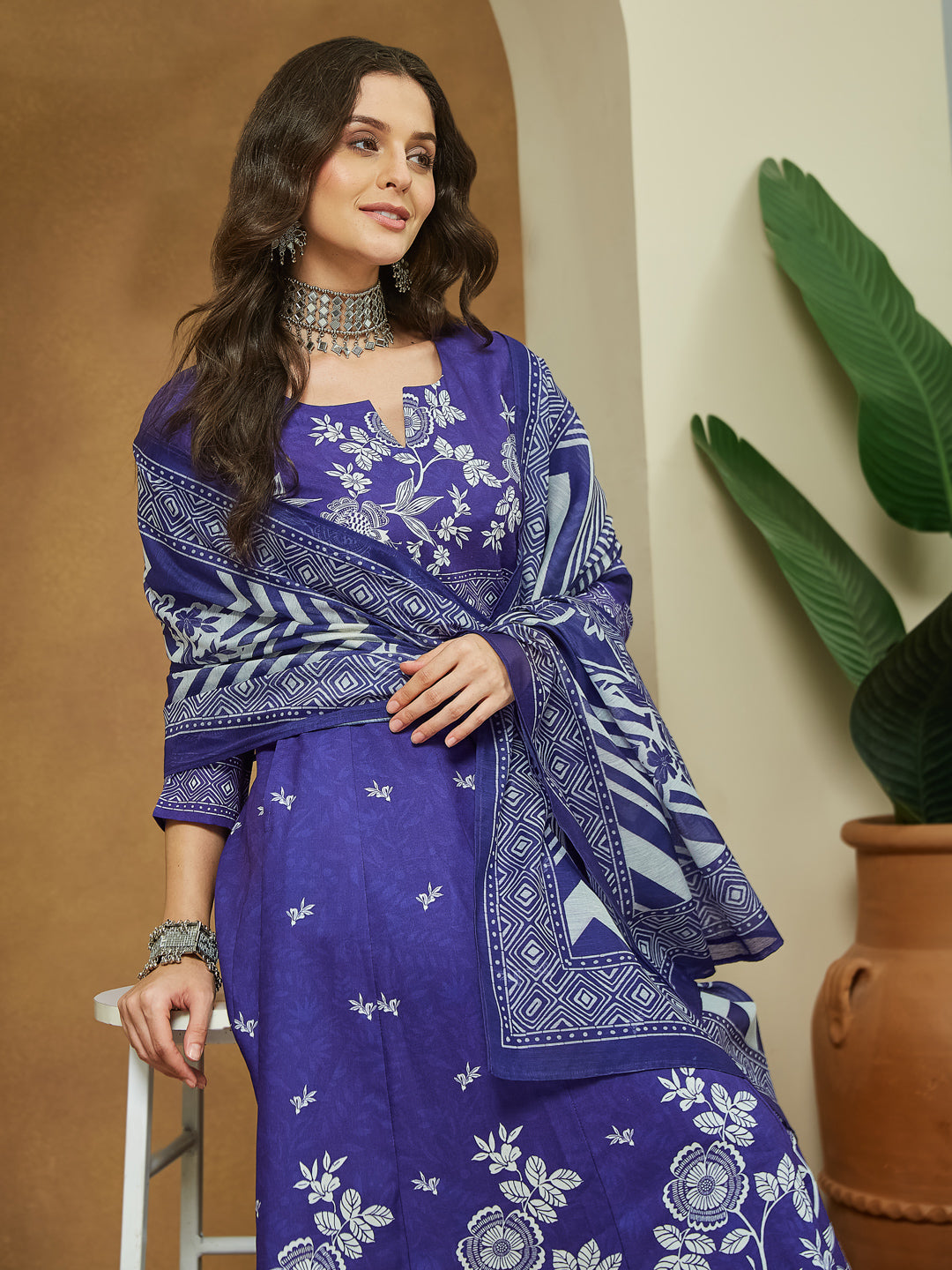 Janasya Women's Purple Cotton Blend Floral Printed Anarkali Kurta Set