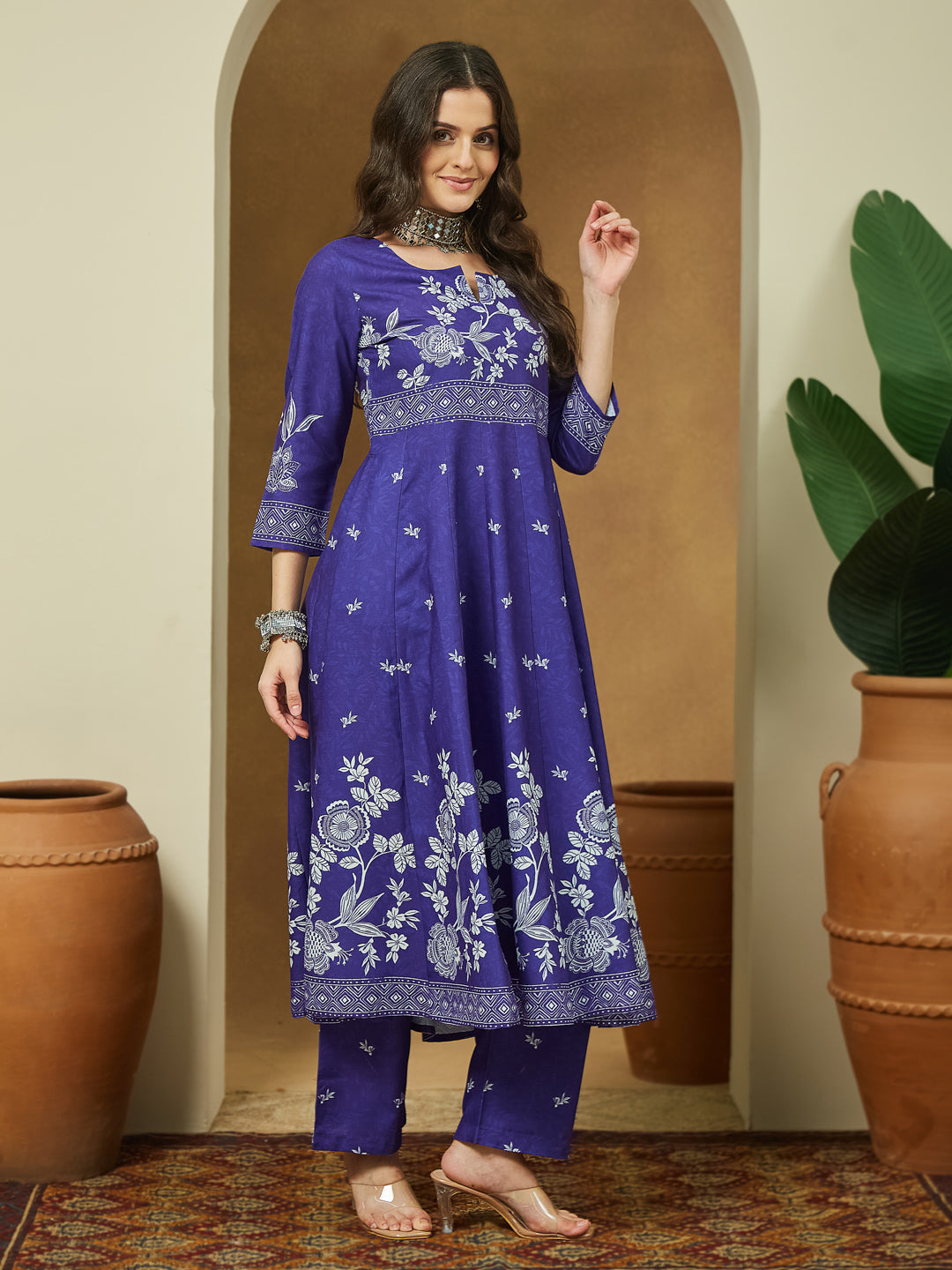 Janasya Women's Purple Cotton Blend Floral Printed Anarkali Kurta Set