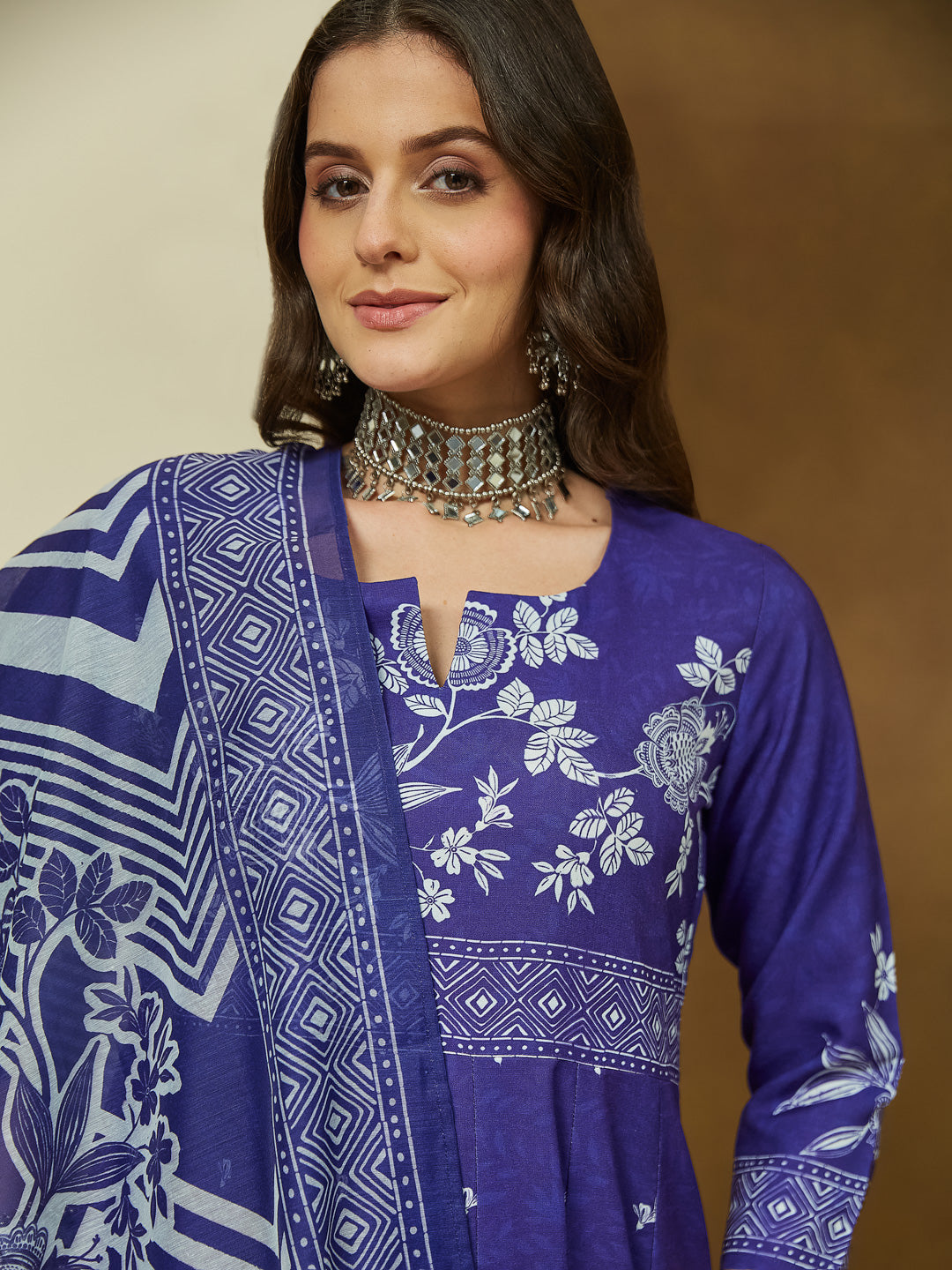 Janasya Women's Purple Cotton Blend Floral Printed Anarkali Kurta Set