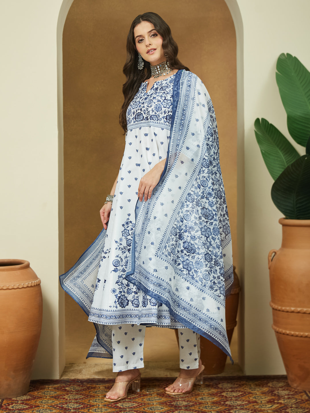 Janasya Women's White Cotton Blend Floral Printed Anarkali Kurta Set