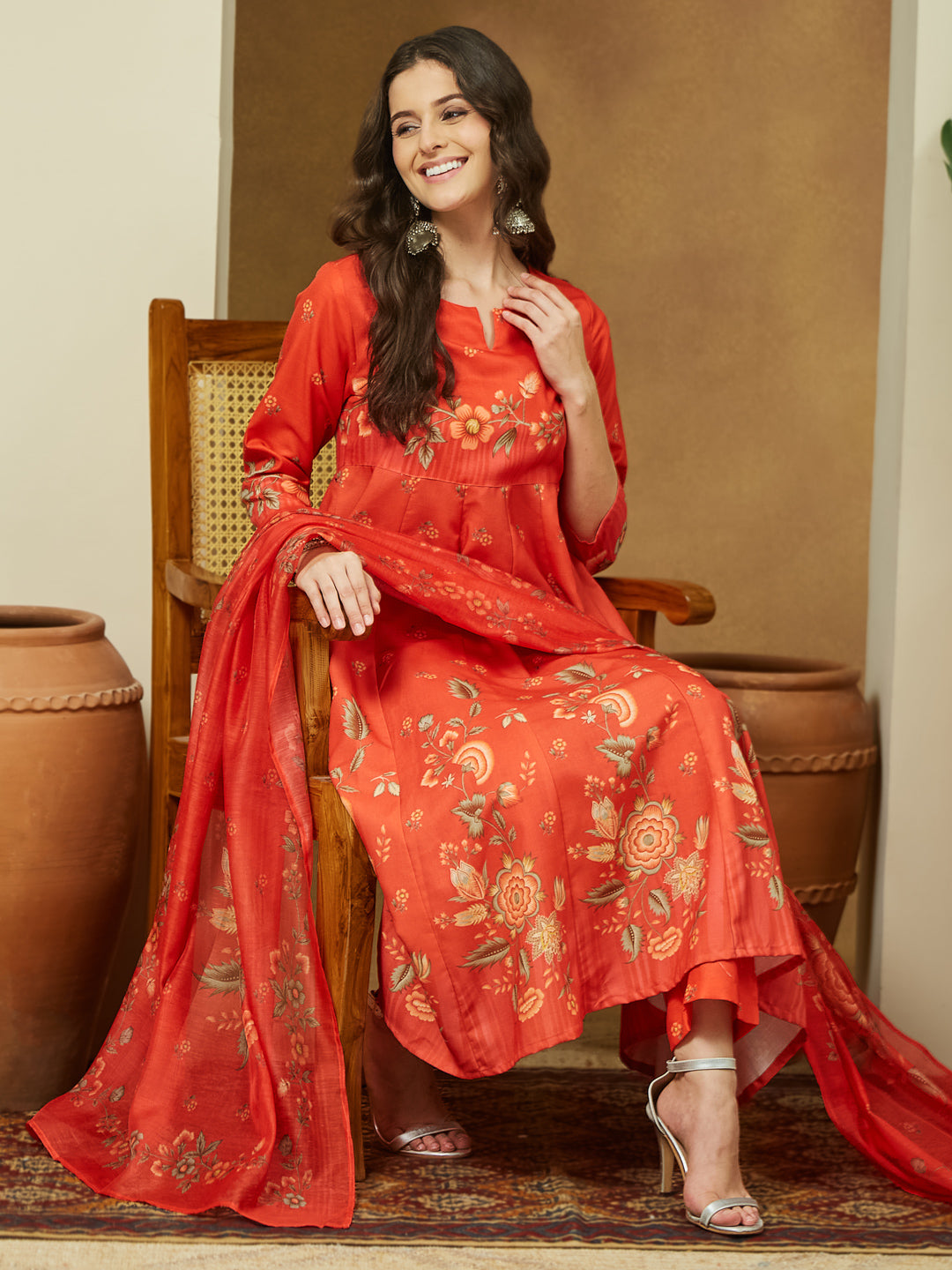 Janasya Women's Red Cotton Blend Floral Printed Anarkali Kurta Set