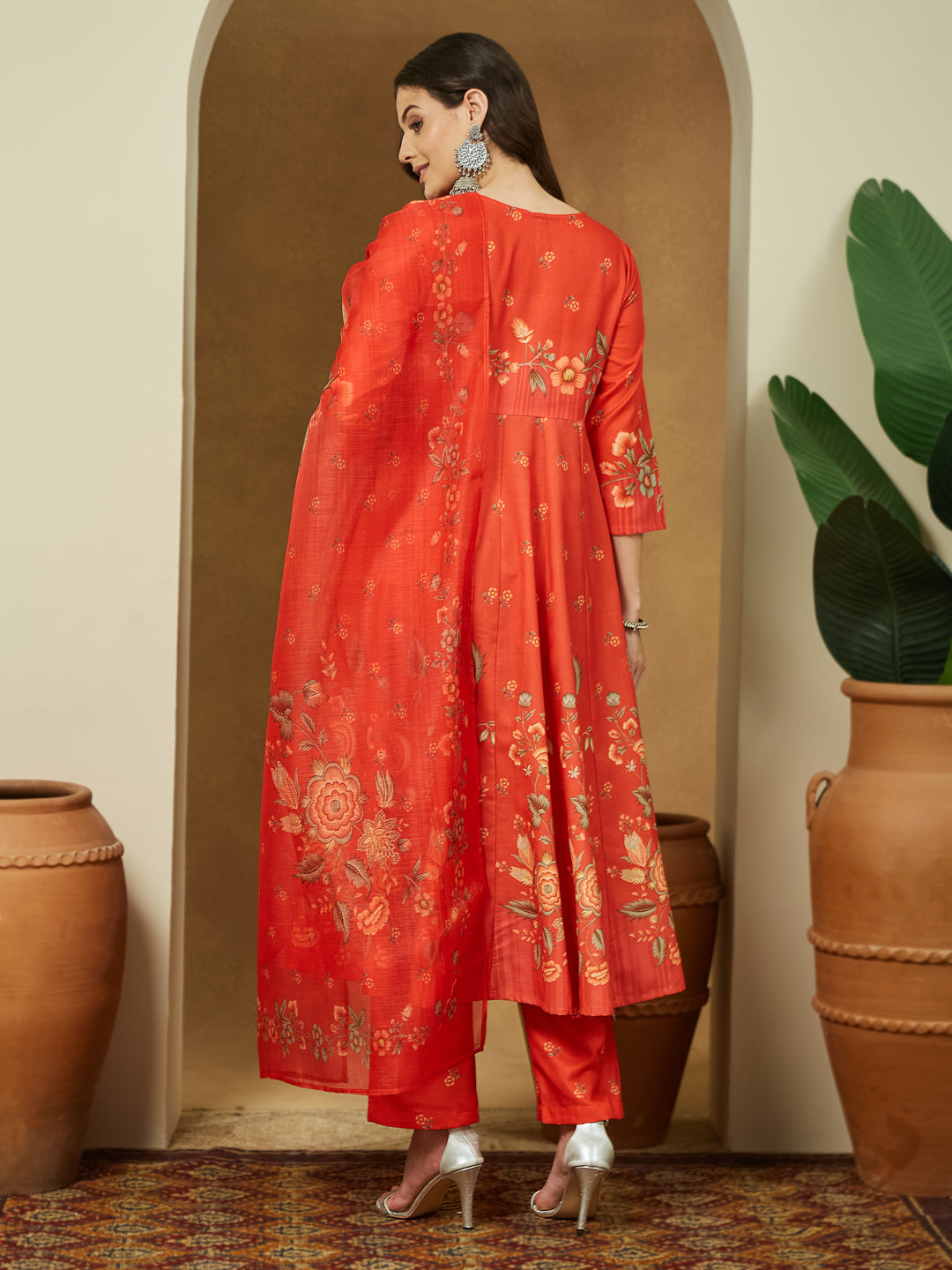 Janasya Women's Red Cotton Blend Floral Printed Anarkali Kurta Set