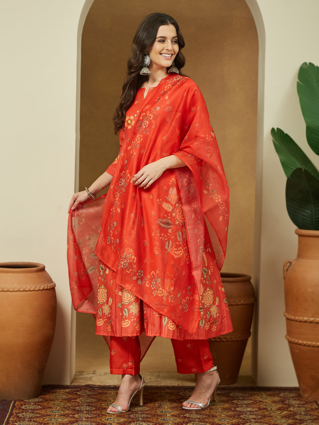 Janasya Women's Red Cotton Blend Floral Printed Anarkali Kurta Set