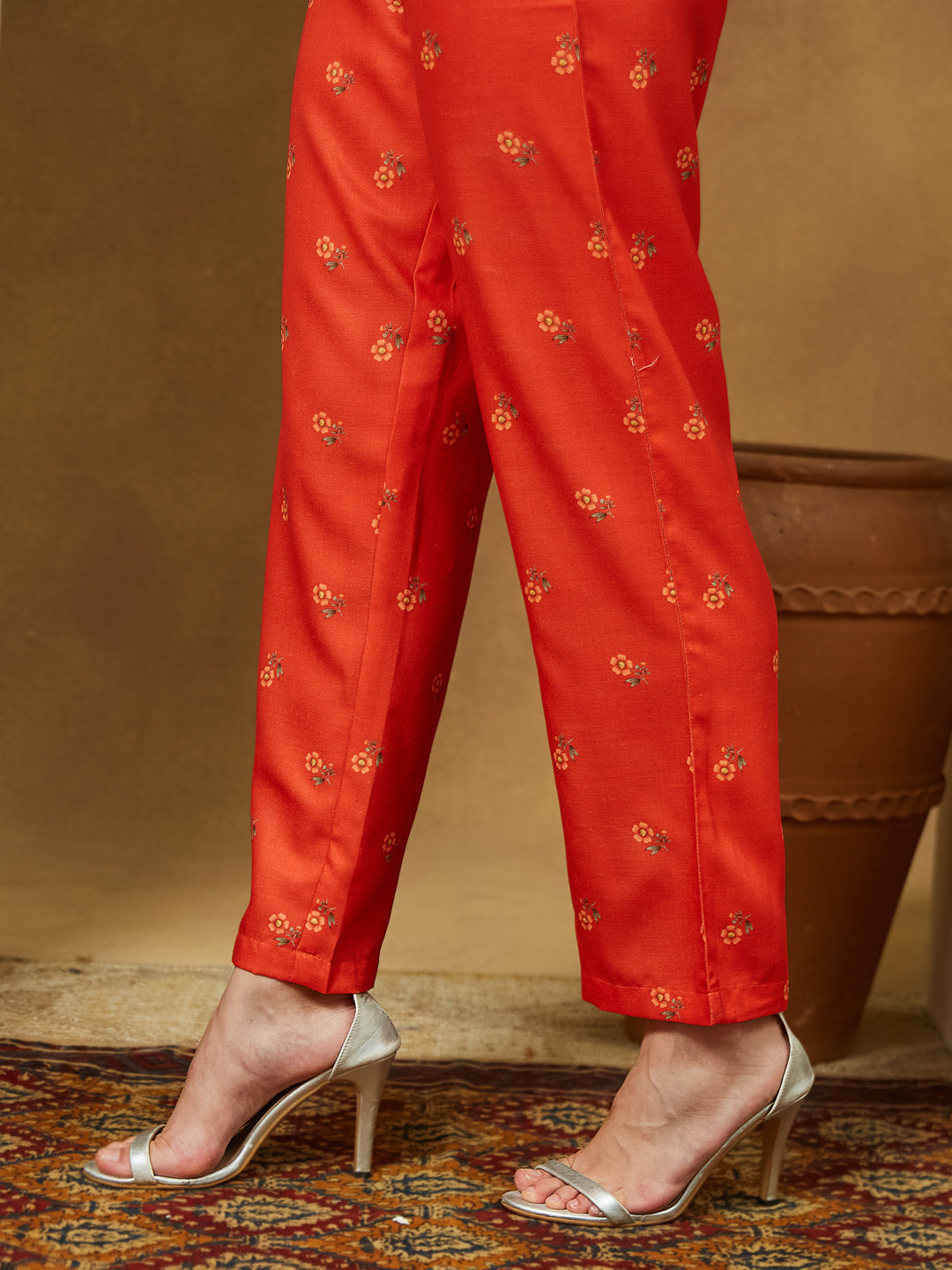 Janasya Women's Red Cotton Blend Floral Printed Anarkali Kurta Set
