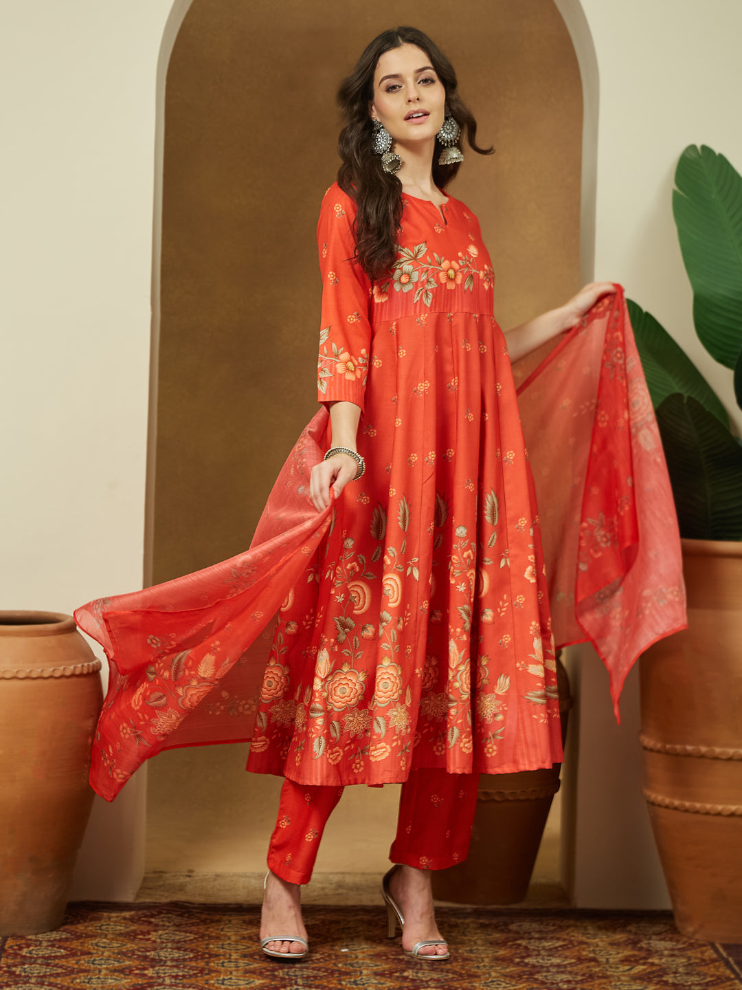 Janasya Women's Red Cotton Blend Floral Printed Anarkali Kurta Set