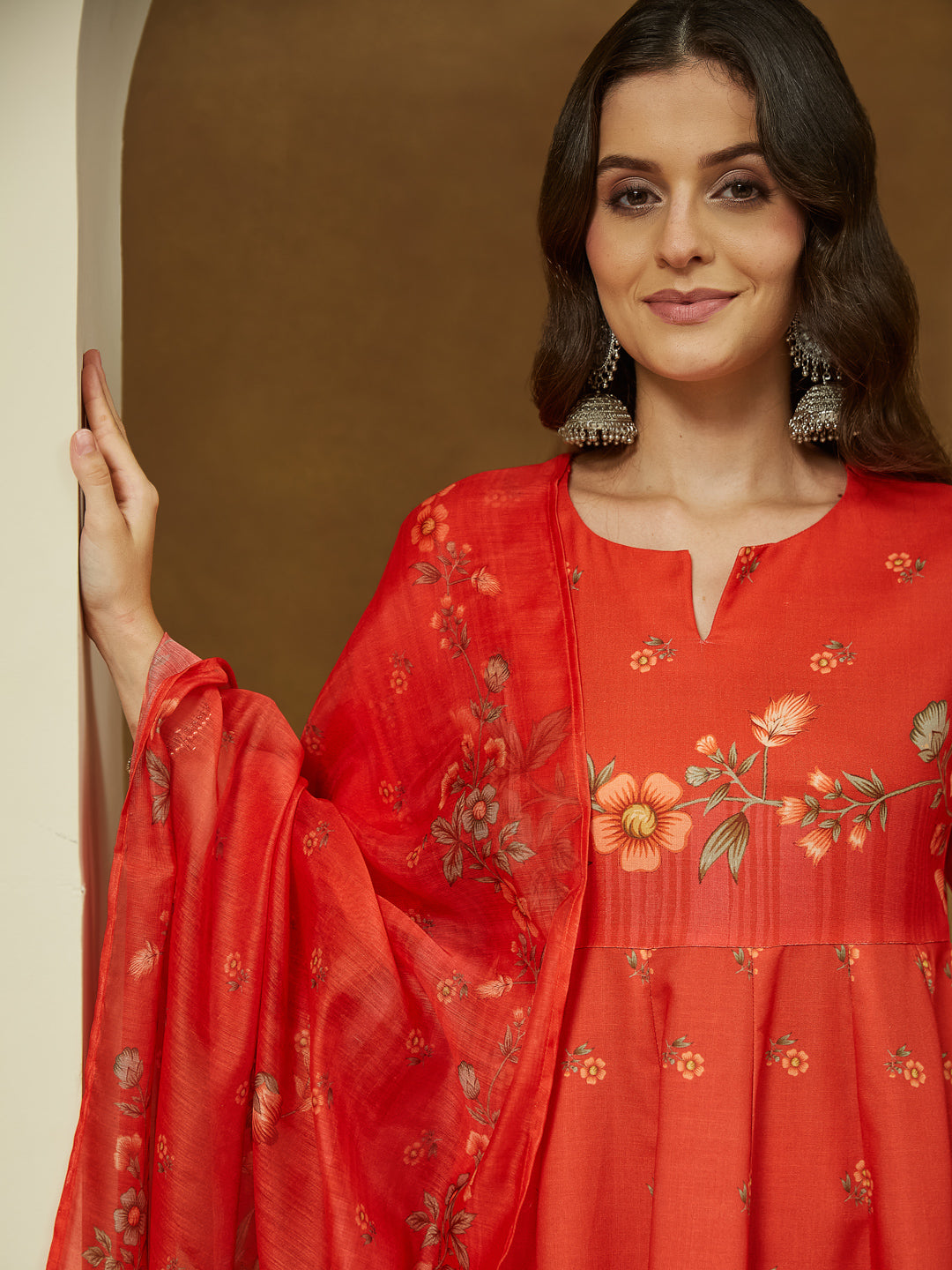 Janasya Women's Red Cotton Blend Floral Printed Anarkali Kurta Set