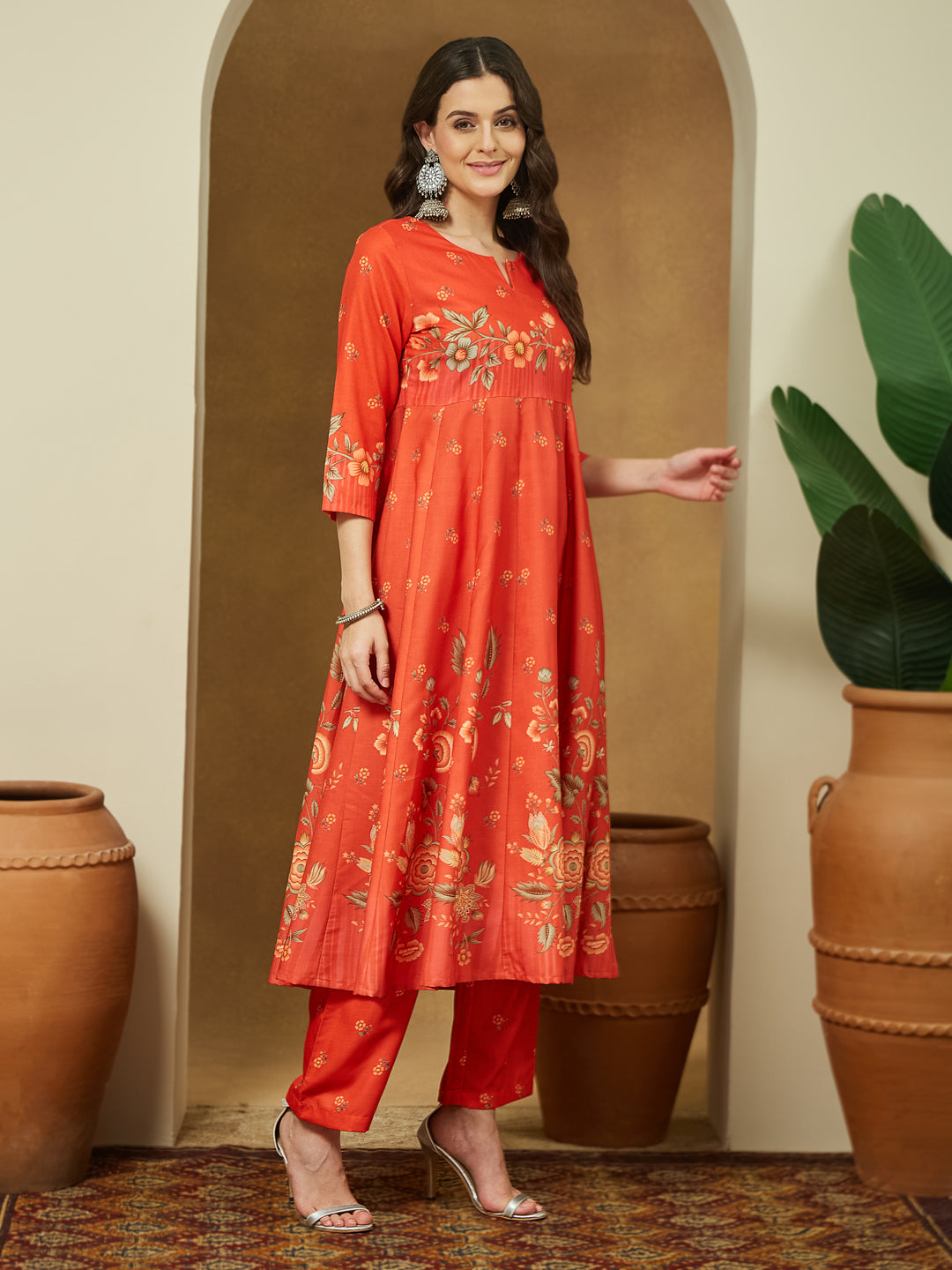Janasya Women's Red Cotton Blend Floral Printed Anarkali Kurta Set