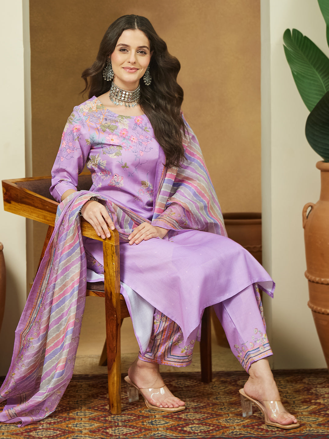 Janasya Women's Lavender Cotton Blend Floral Printed Straight Kurta Set