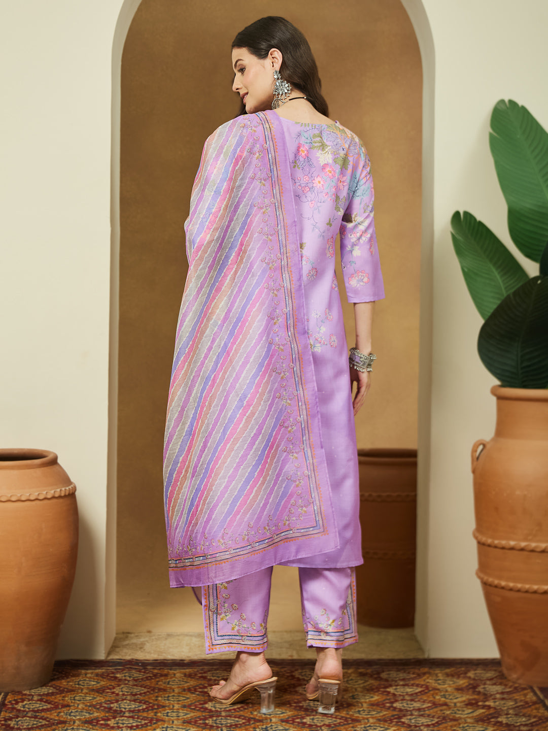 Janasya Women's Lavender Cotton Blend Floral Printed Straight Kurta Set