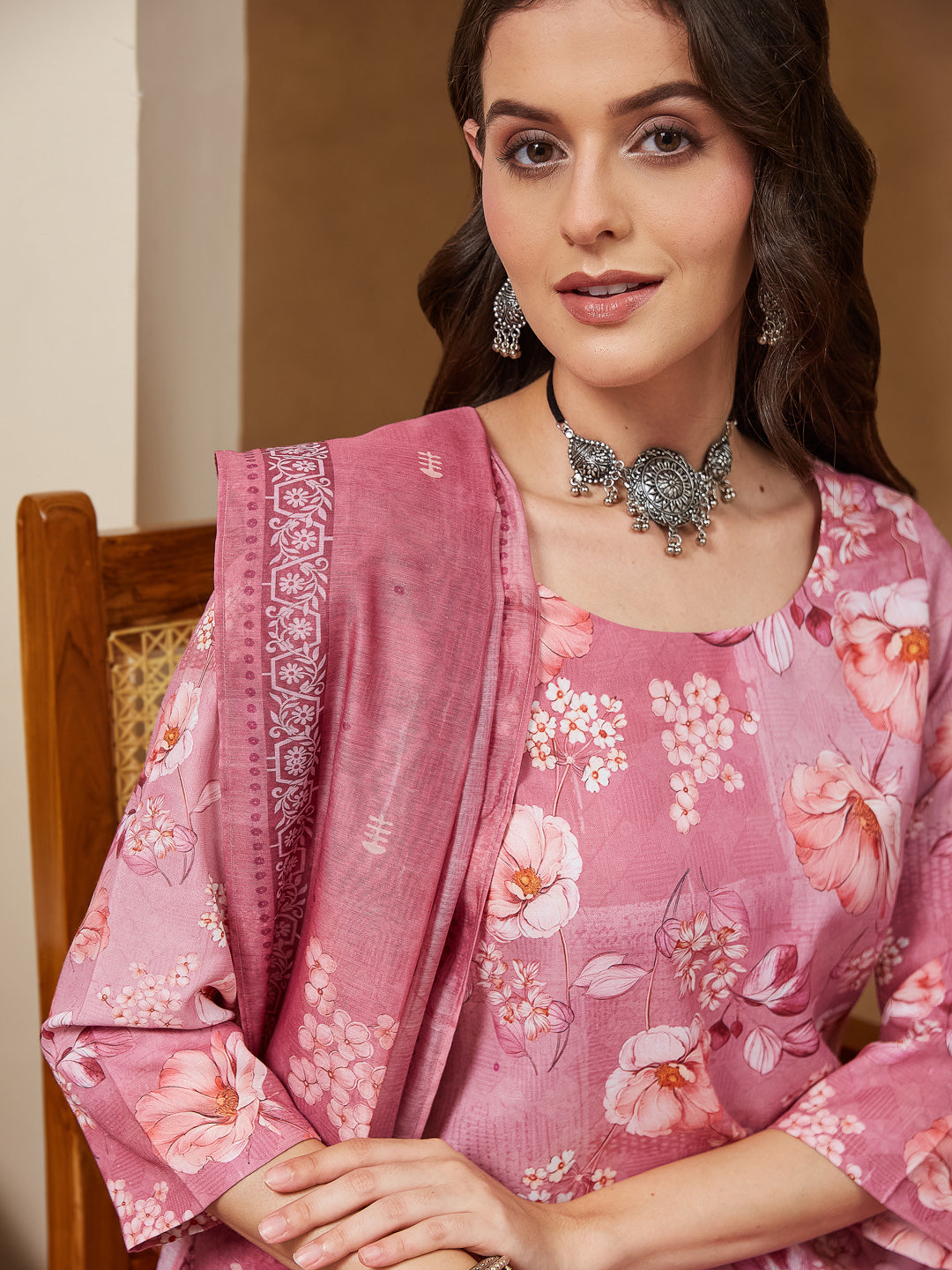 Janasya Women's Pink Cotton Blend Floral Printed Straight Kurta Set