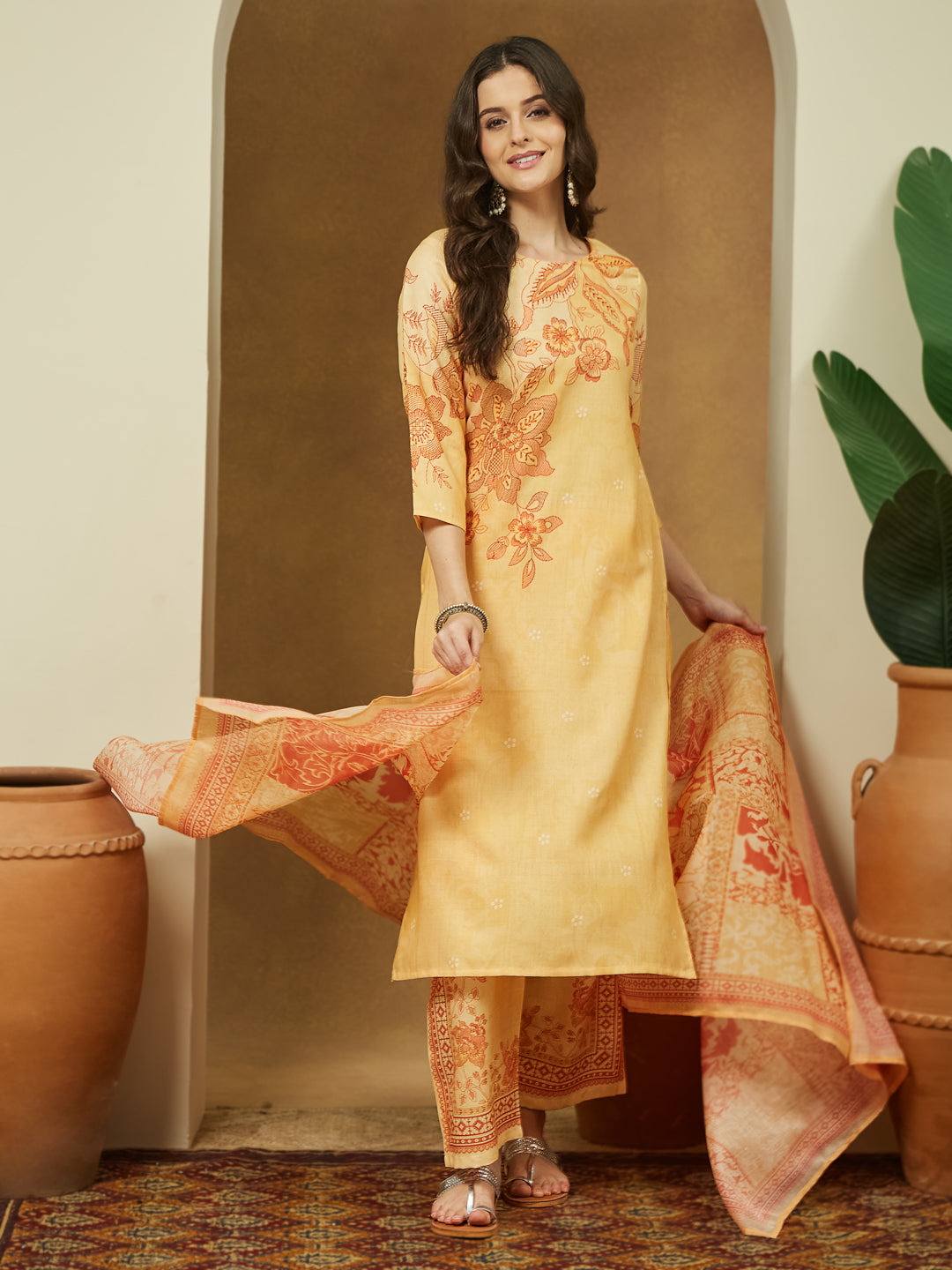 Janasya Women's Yellow Cotton Blend Floral Printed Straight Kurta Set