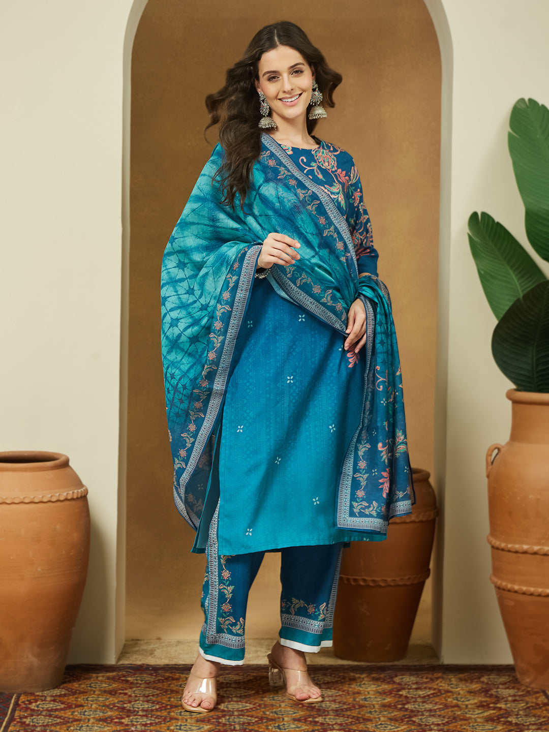 Janasya Women's Teal Blue Cotton Blend Floral Printed Straight Kurta Set