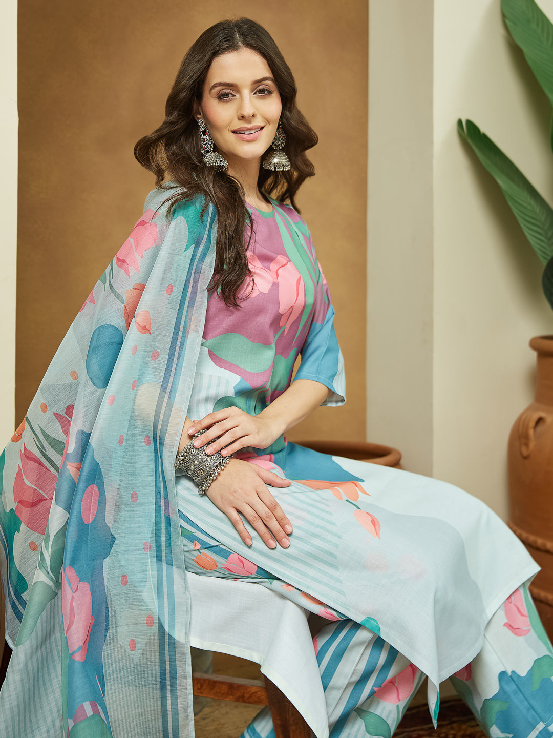 Janasya Women's Multicolor Cotton Blend Abstract Printed Straight Kurta Set