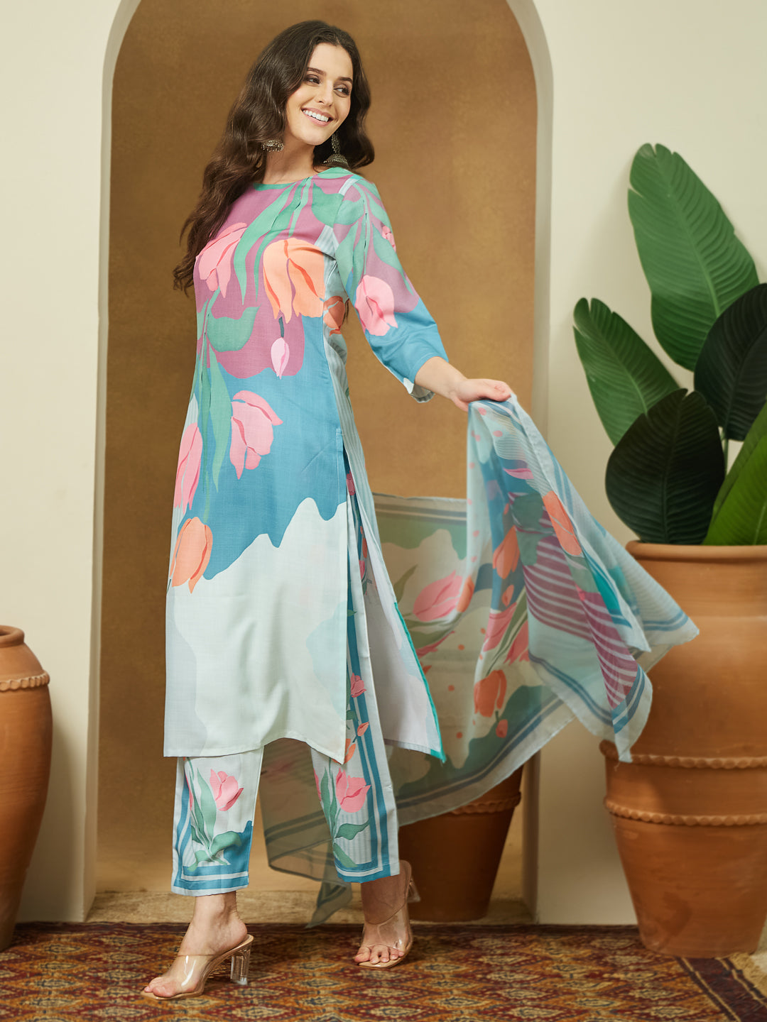 Janasya Women's Multicolor Cotton Blend Abstract Printed Straight Kurta Set