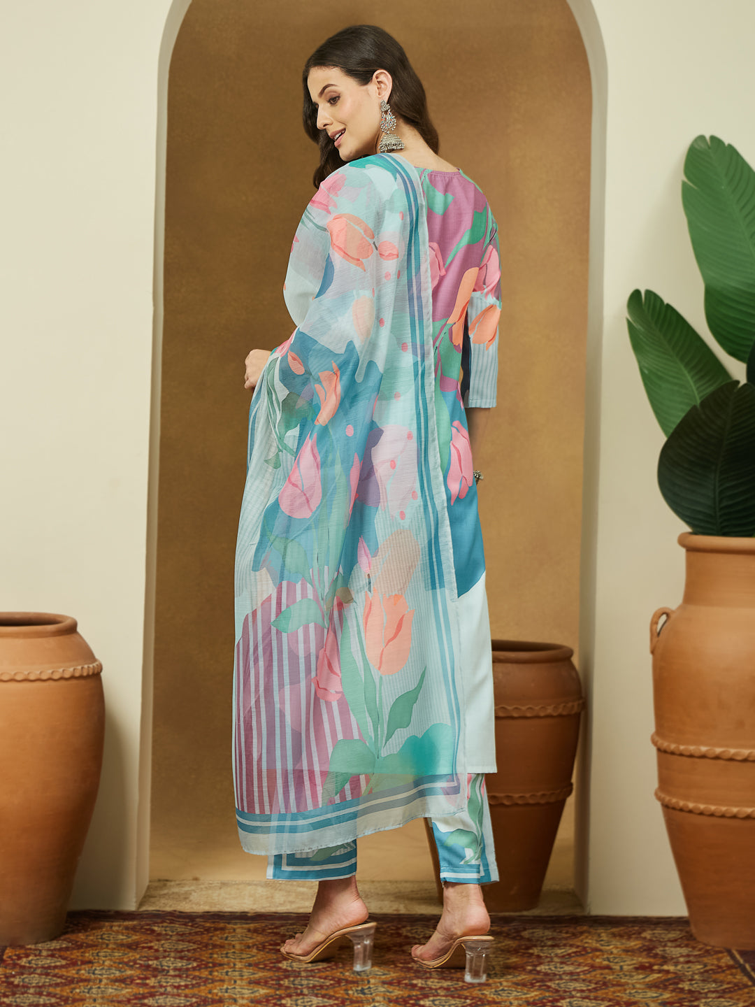 Janasya Women's Multicolor Cotton Blend Abstract Printed Straight Kurta Set