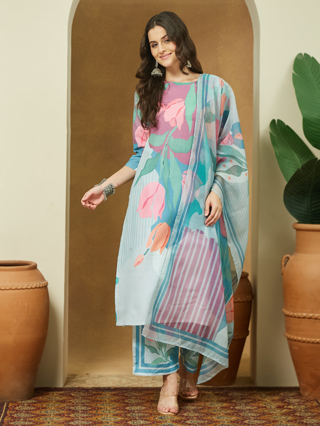 Janasya Women's Multicolor Cotton Blend Abstract Printed Straight Kurta Set