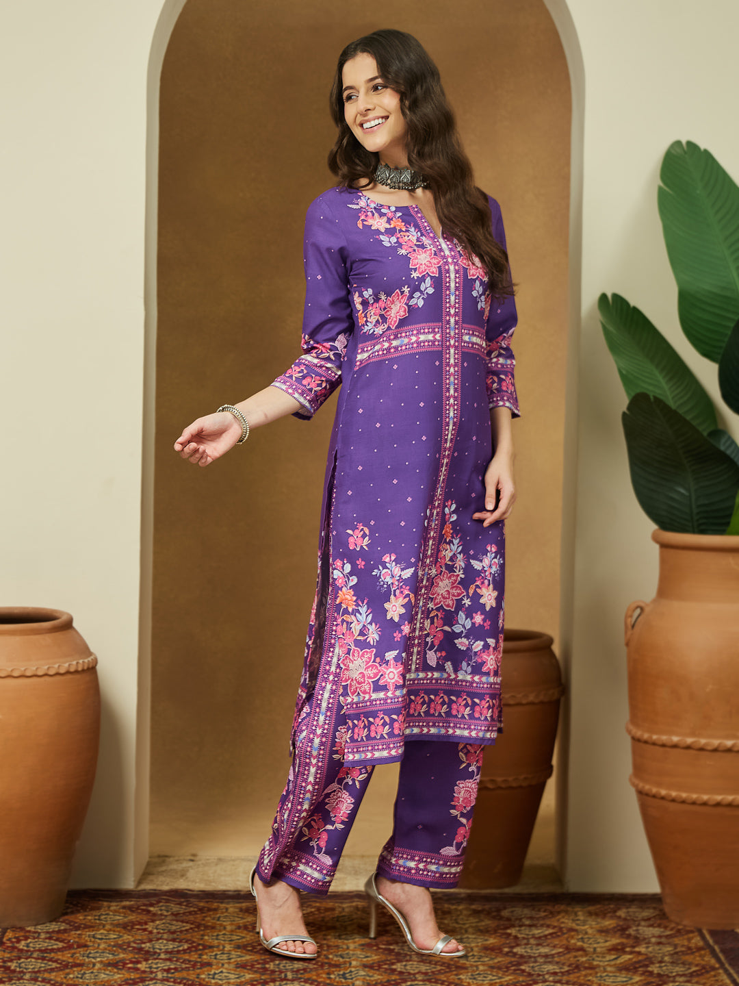 Janasya Women's Purple Cotton Blend Floral Printed Straight Kurta Set