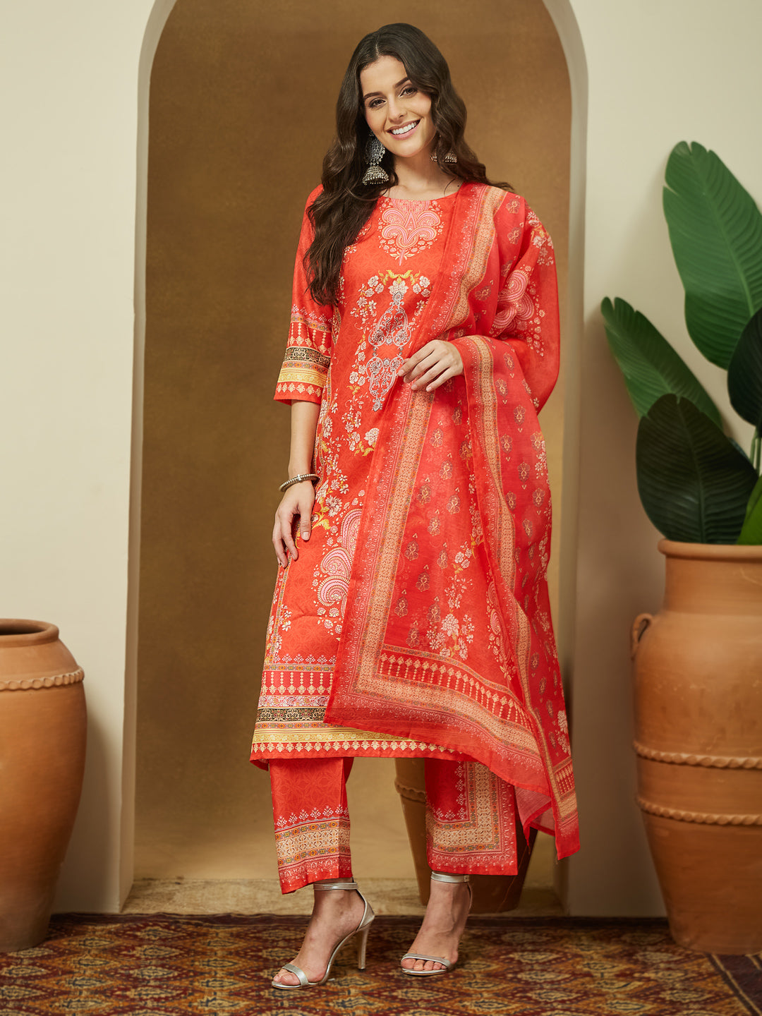 Janasya Women's Orange Cotton Blend Ethnic Motifs Printed Pakistani Straight Kurta Set