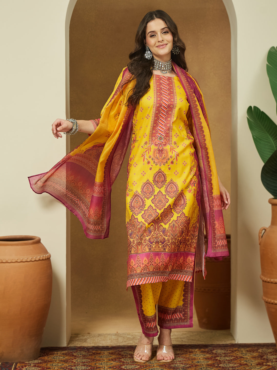 Janasya Women's Yellow Cotton Blend Floral Printed Straight Kurta Set