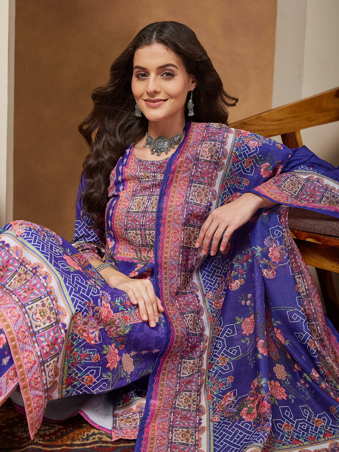 Janasya Women's Purple Cotton Blend Floral Printed Straight Kurta Set