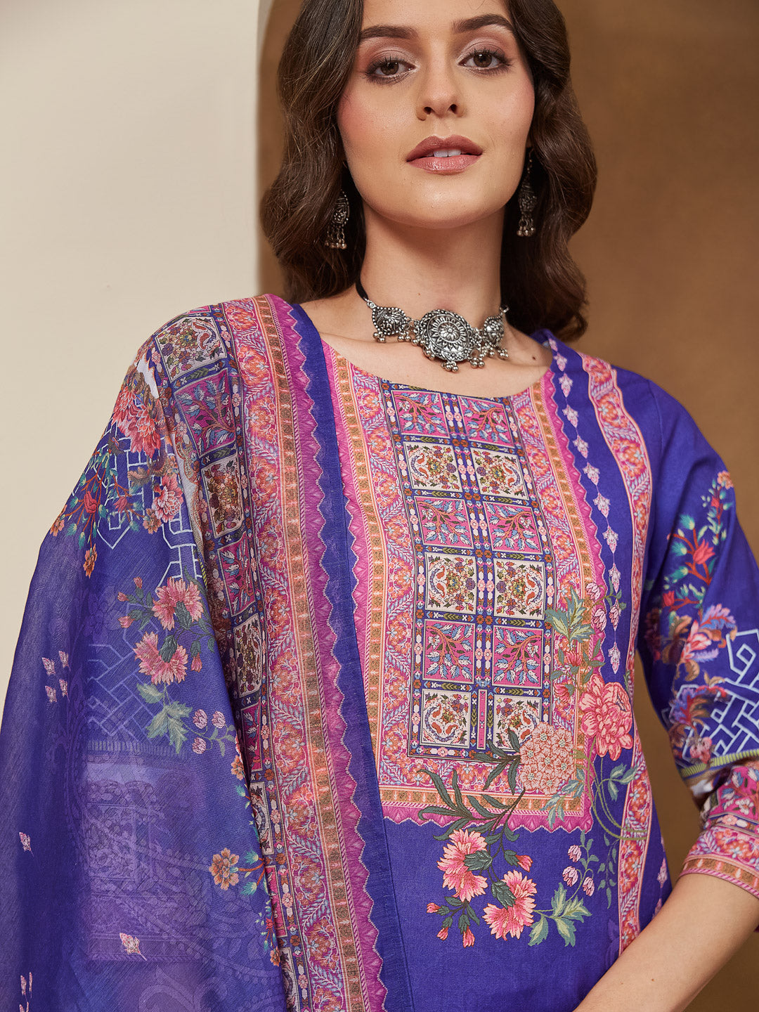 Janasya Women's Purple Cotton Blend Floral Printed Straight Kurta Set