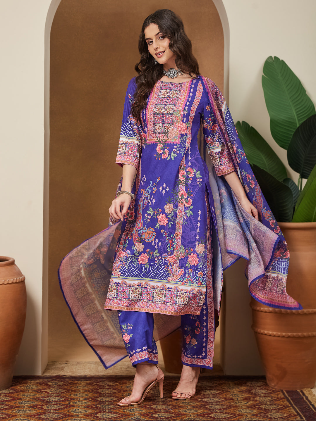Janasya Women's Purple Cotton Blend Floral Printed Straight Kurta Set