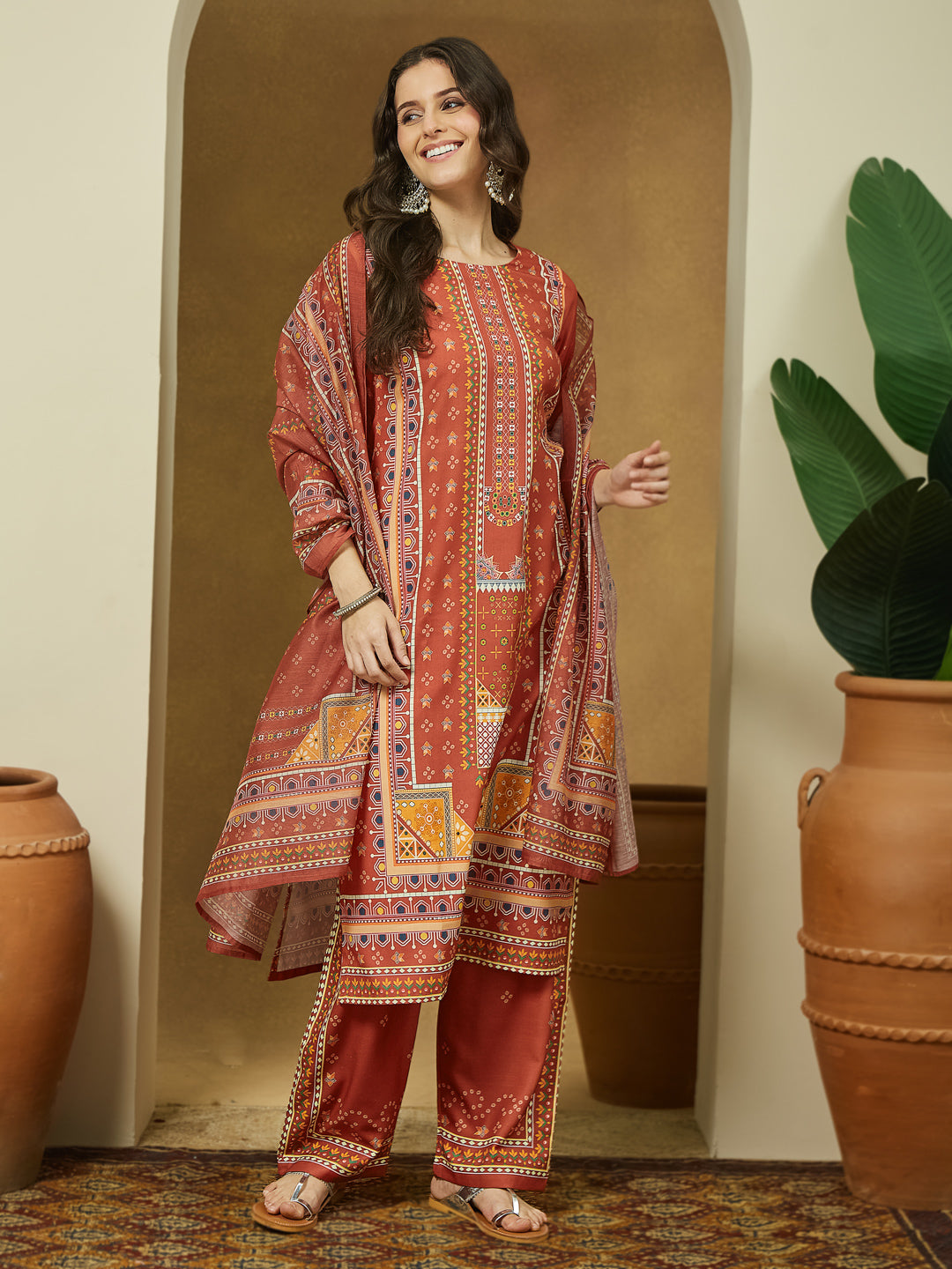 Janasya Women's Rust Cotton Blend Ethnic Motifs Printed Straight Kurta Set