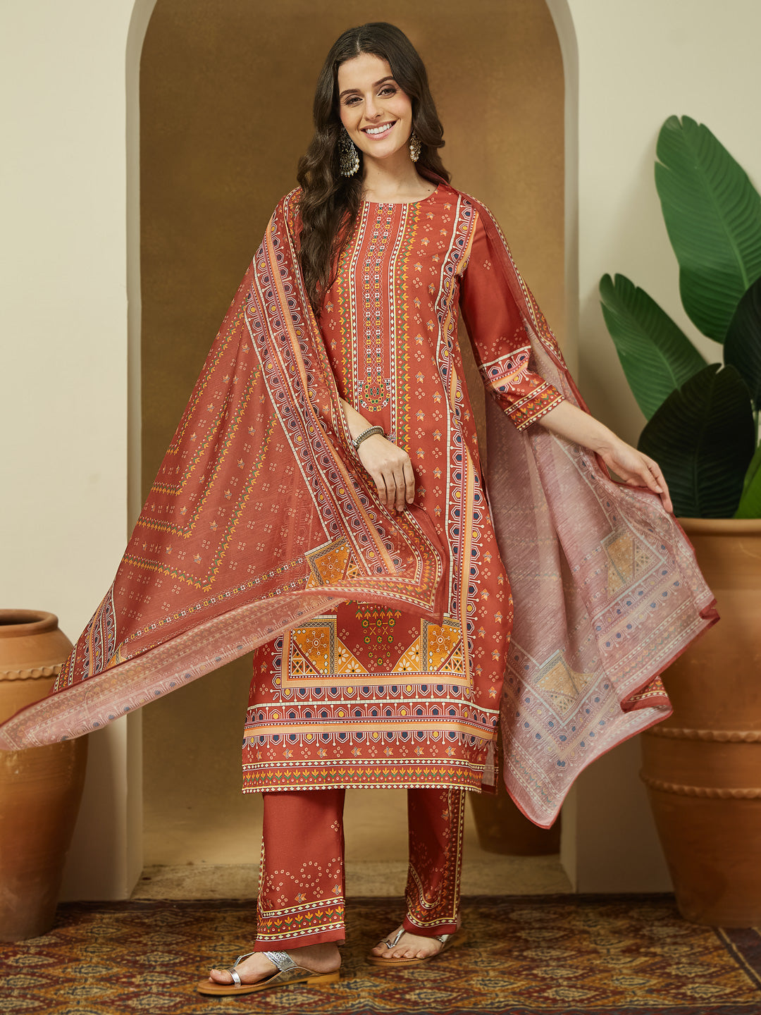 Janasya Women's Rust Cotton Blend Ethnic Motifs Printed Straight Kurta Set