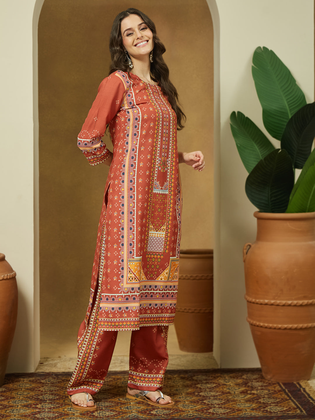 Janasya Women's Rust Cotton Blend Ethnic Motifs Printed Straight Kurta Set