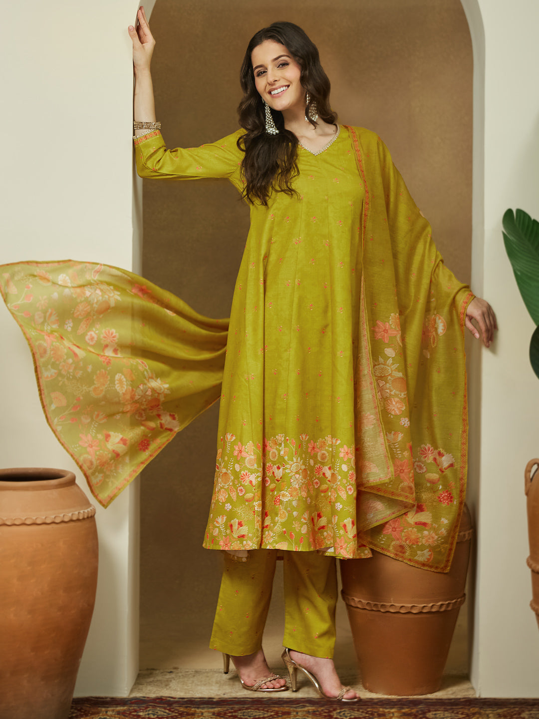 Janasya Women's Mustard Cotton Blend Floral Printed Anarkali Kurta Set